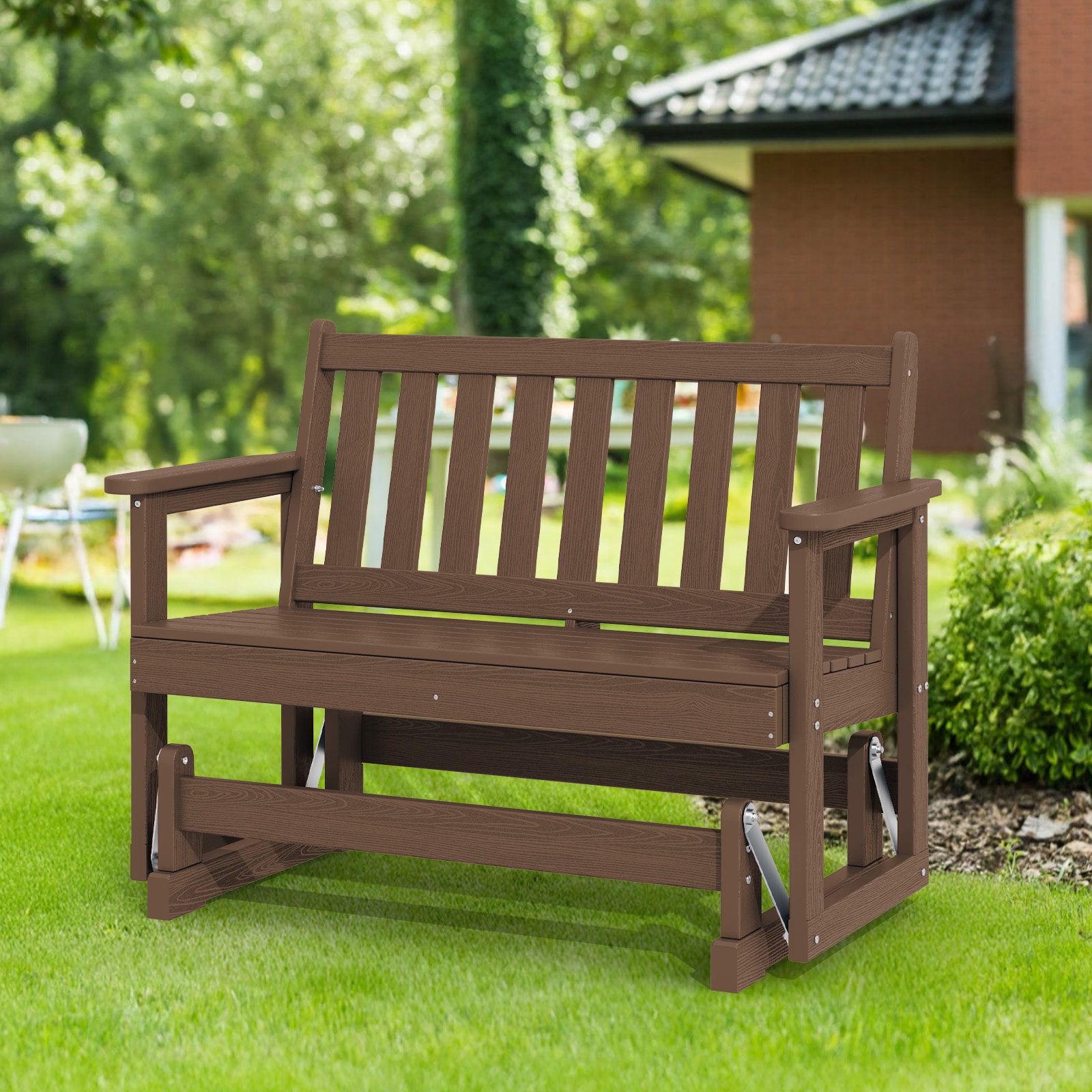 JEAREY 2 Person HDPE Outdoor Glider 48.6 in W x 35.2 in H Brown HDPE Glider Bench Stainless Steel DC HL