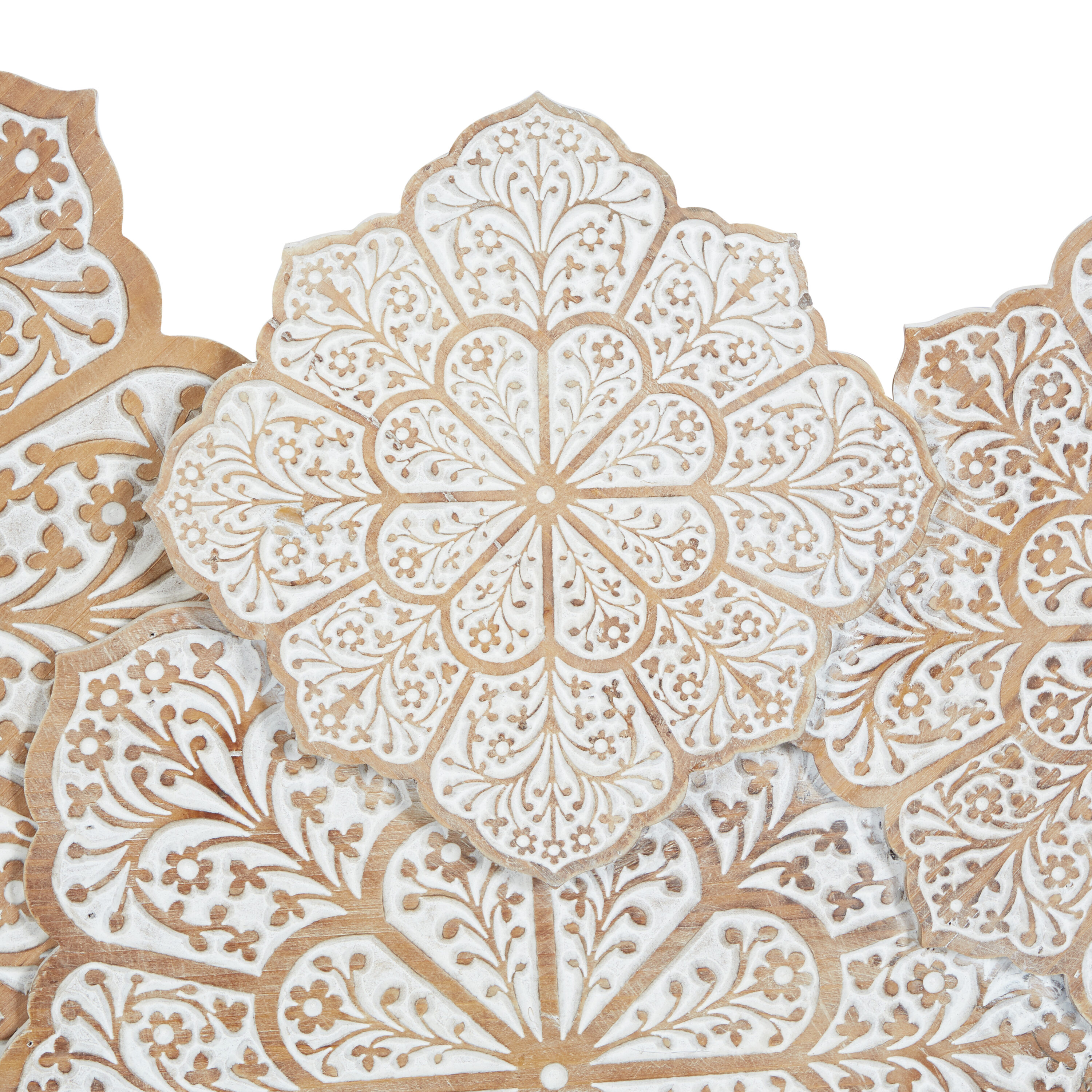 White and Natural Wood Intricately Carved Floral Wall Decor