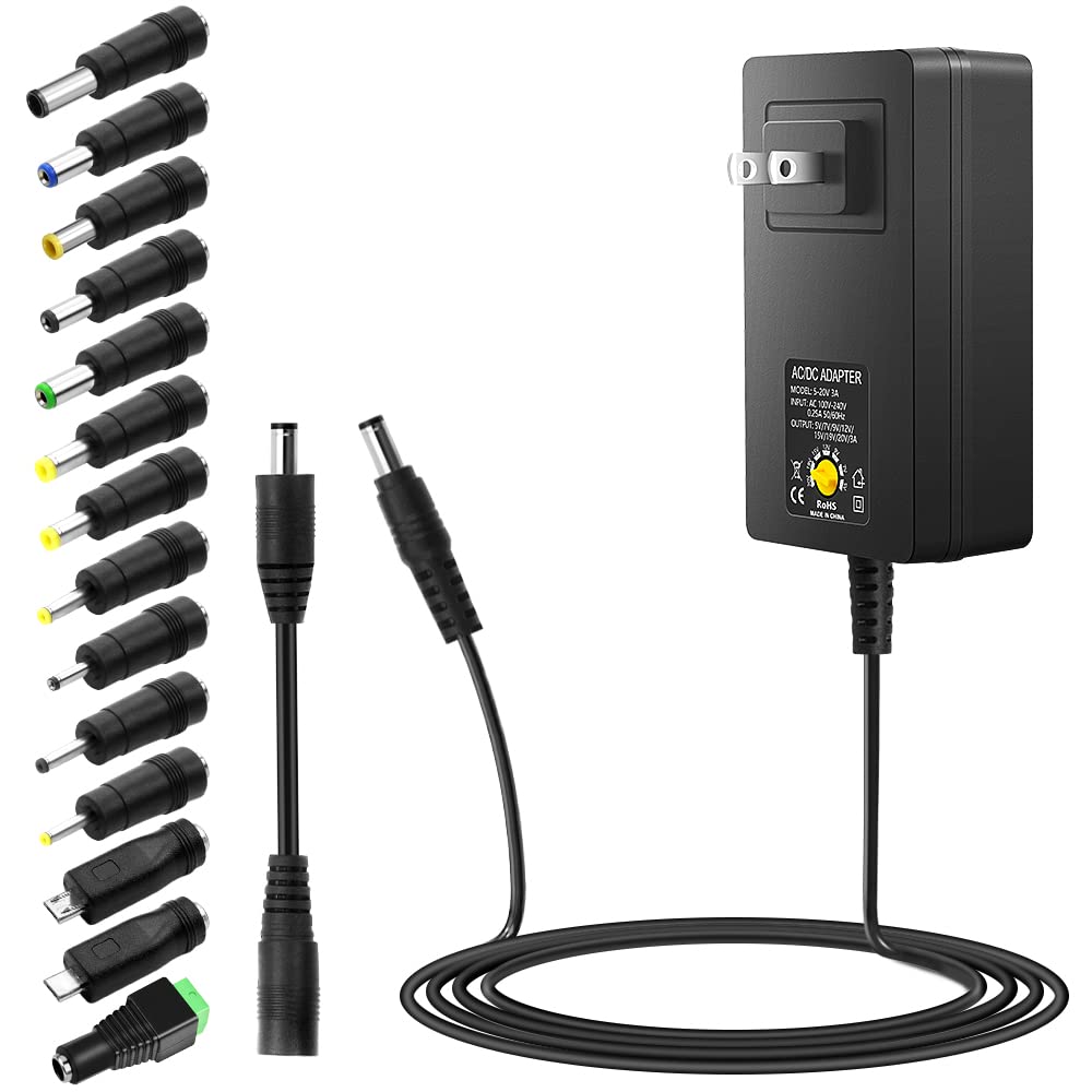 Adrinfly  Universal Power Supply Adjustable 5V to 20V 60W AC to DC Adapter with 14 Tips and Reverse Polarity Converter for Small Electronics