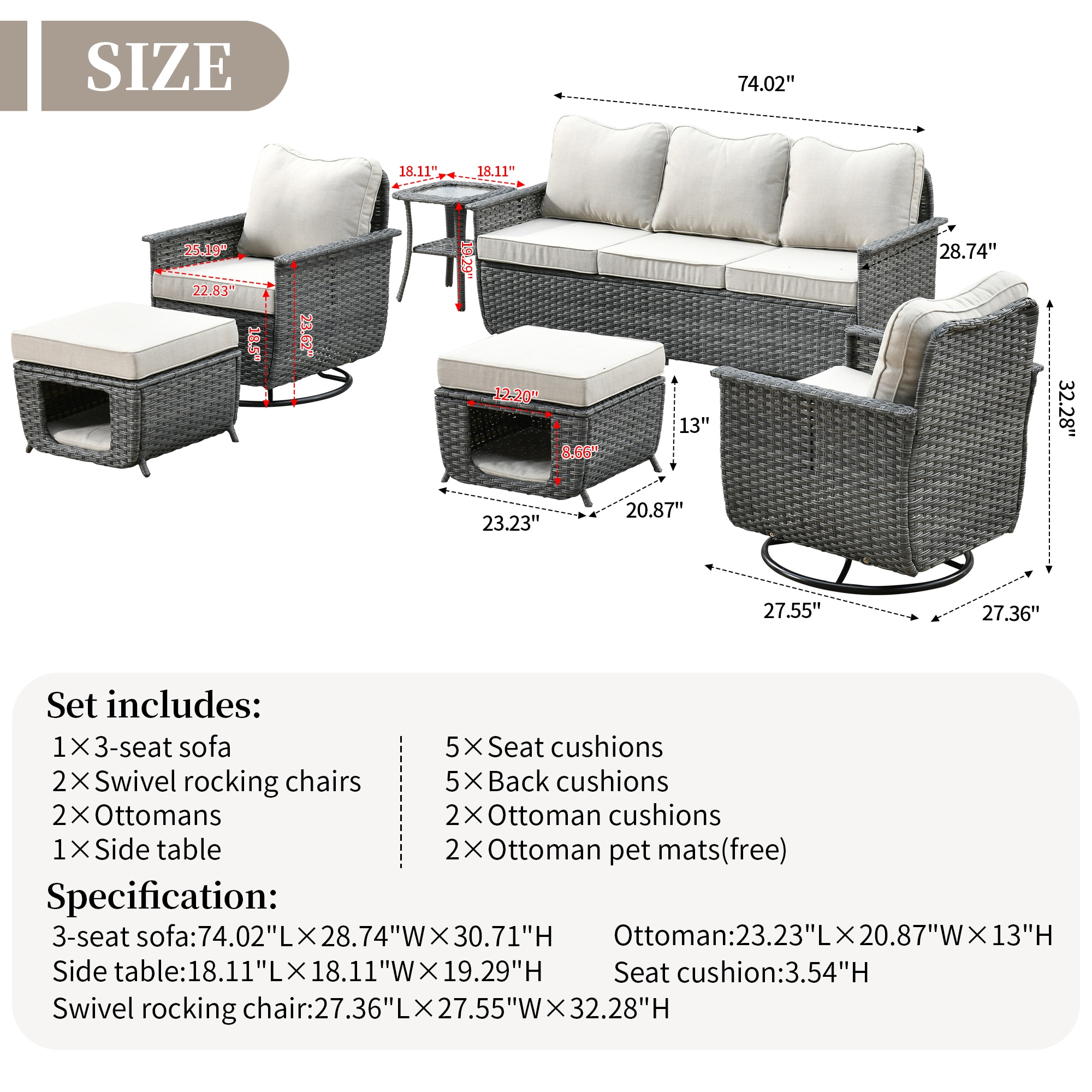 Ovios Nature 6-Piece Wicker Patio Conversation Set with Off-white ...