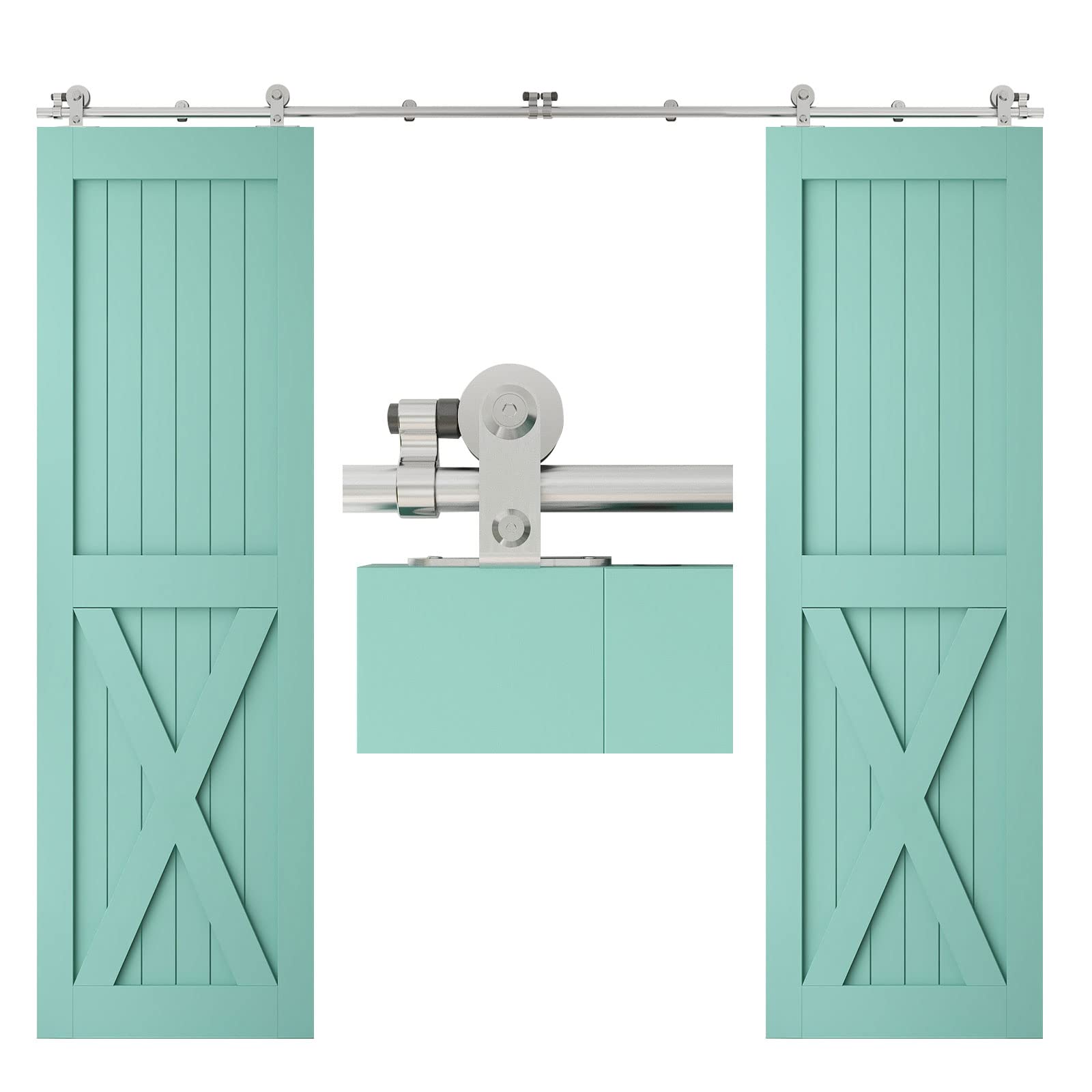 Phyfalip  10FT Sliding Barn Door Hardware Kit Top Mount Stainless Steel Track for Double Wood Door Smooth Quiet Operation Fits 1 3 16 to 1 5 8