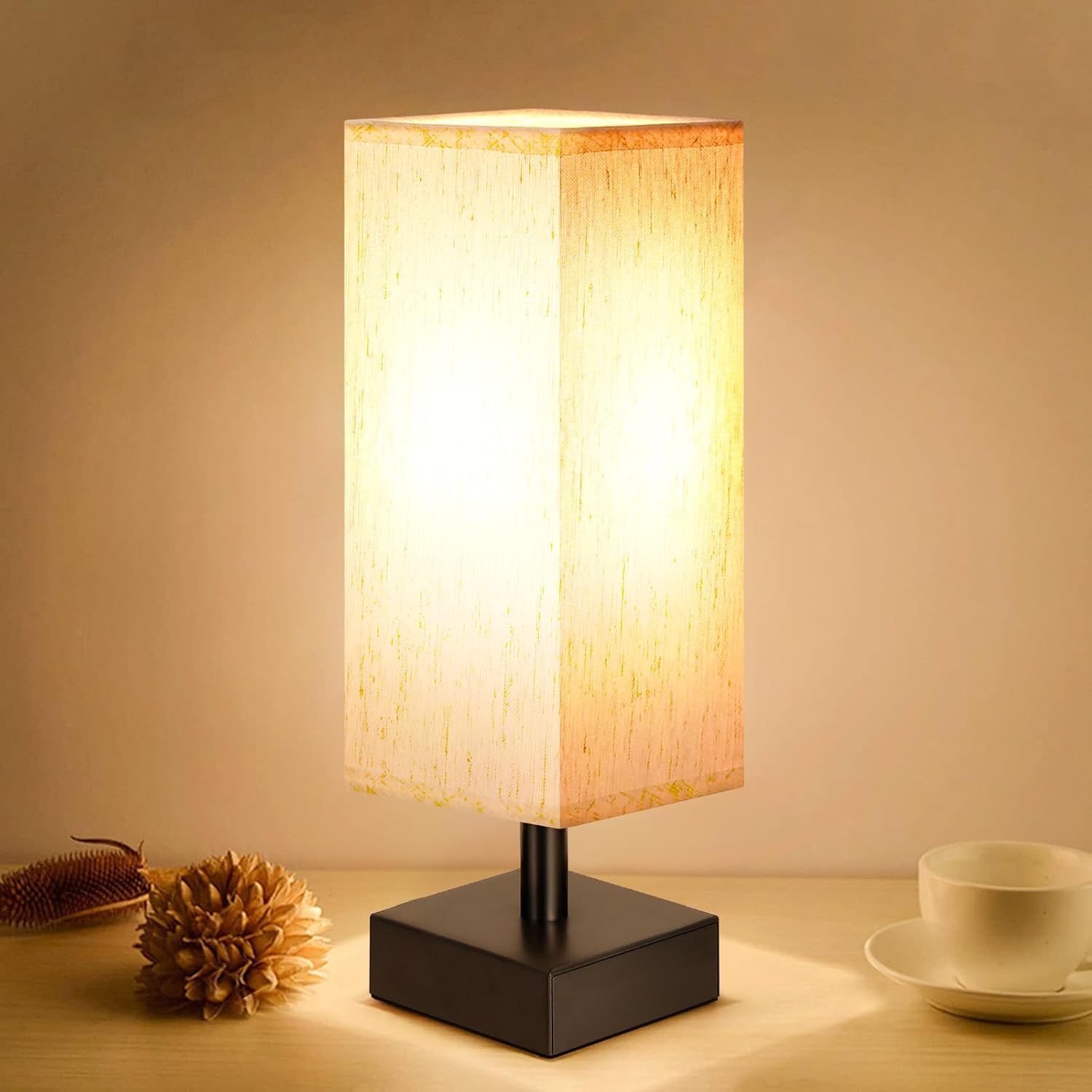 Slagawa -  Beige Linen Square Fabric Shade Table Lamp with Black Base - Small Minimalist Nightsta...