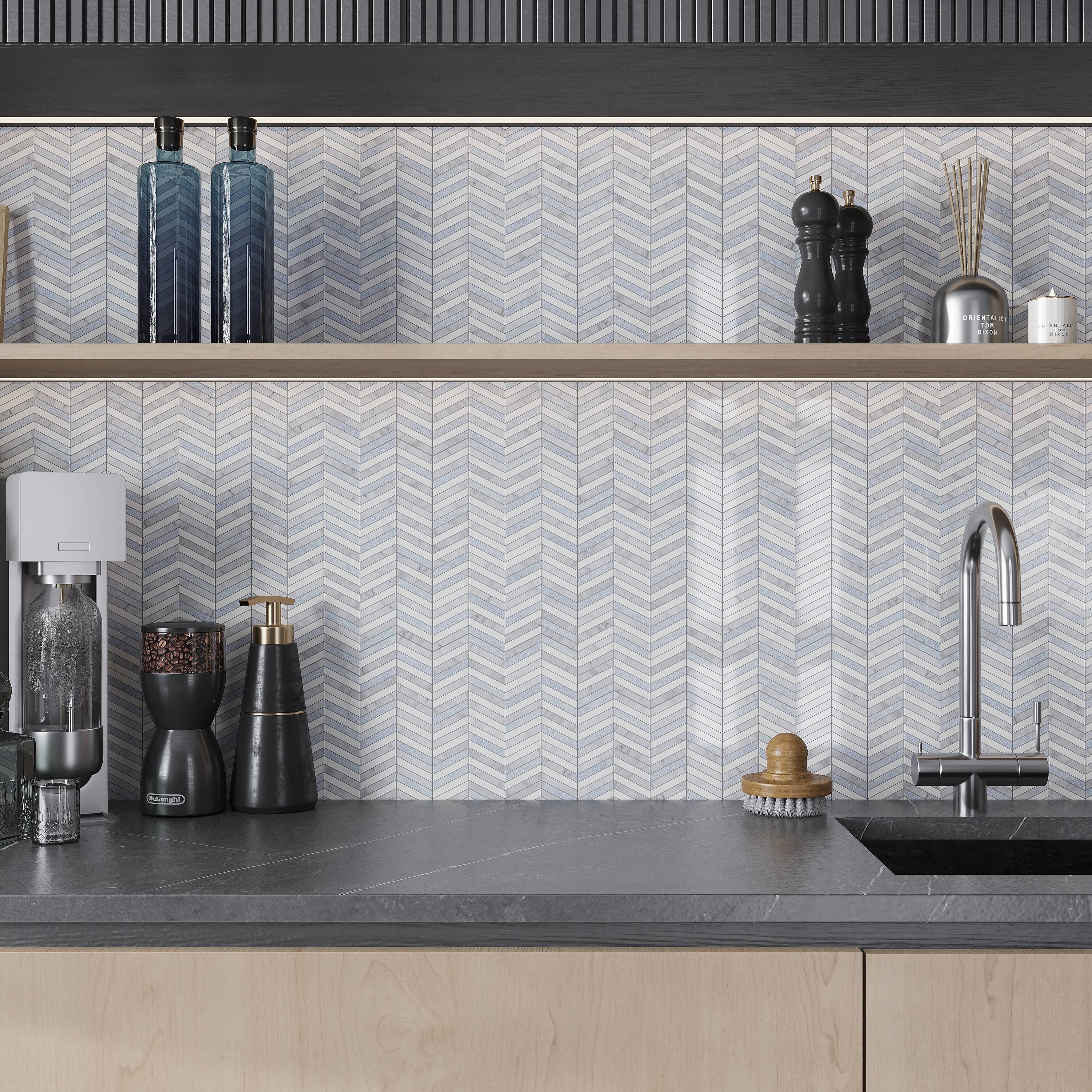 Apollo Tile Sample - Nubes White, Gray, Blue 4-in x 5-in Polished Stone look Chevron Floor and Wall Tile