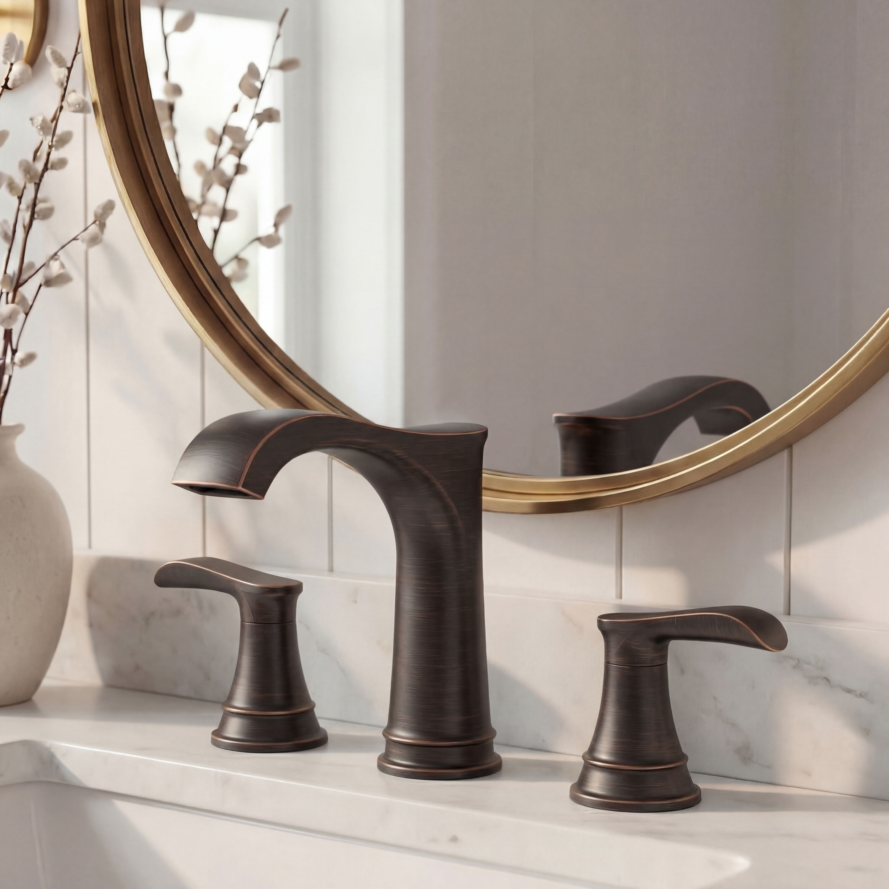 BWE Regal Curve Oil Rubbed Bronze Widespread 2-handle WaterSense Mid-arc Bathroom Sink Faucet with Drain