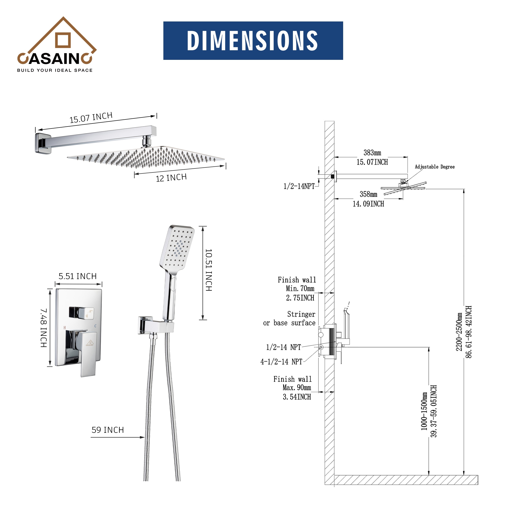 CASAINC WF-W98102CP-12 Showerhead-Bar-Panels - View #2