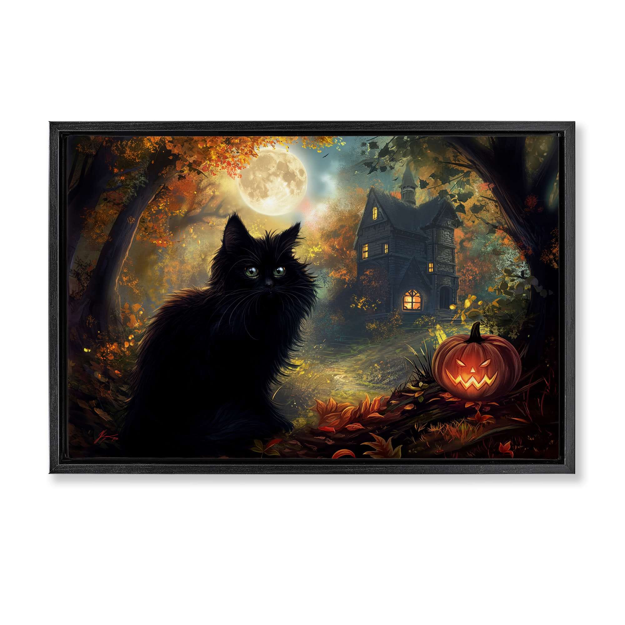 Stupell Industries BT-334-FFB-20X30 Black Cat and Haunted Mansion Black Framed Floater Canvas Wall Art By Wumples 31 x 21