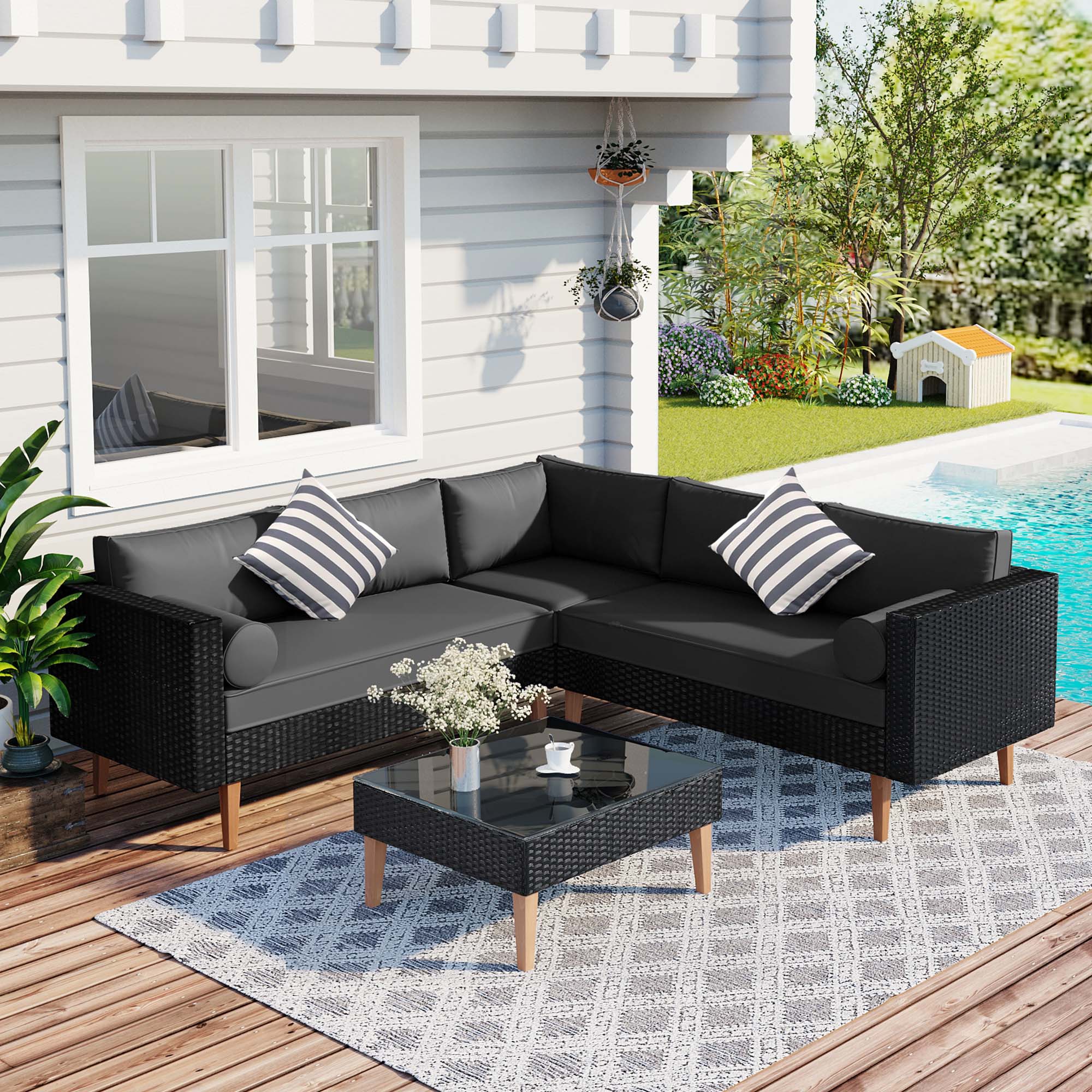 Clihome Patio Conversation Sets 4 -Piece Wicker Patio Conversation Set with Black Cushions Included