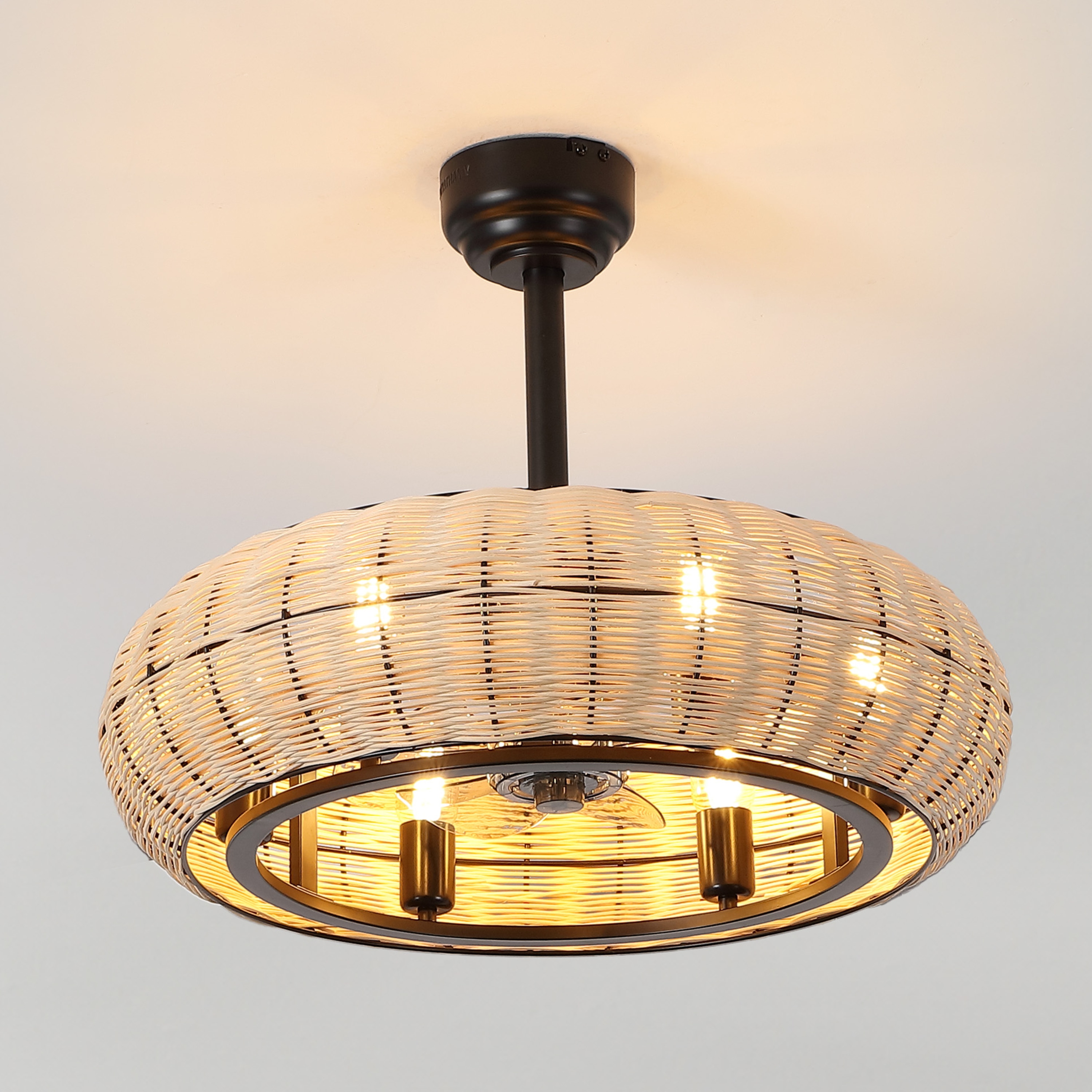 JONATHAN  Y JYL9728B Cassidy Bohemian Metal/Rattan 23-in Downrod or Flush Mount Smart Light Brown/Black with Fandelier Ceiling Fan Without Light - Remote Included ( 7 -Blade )