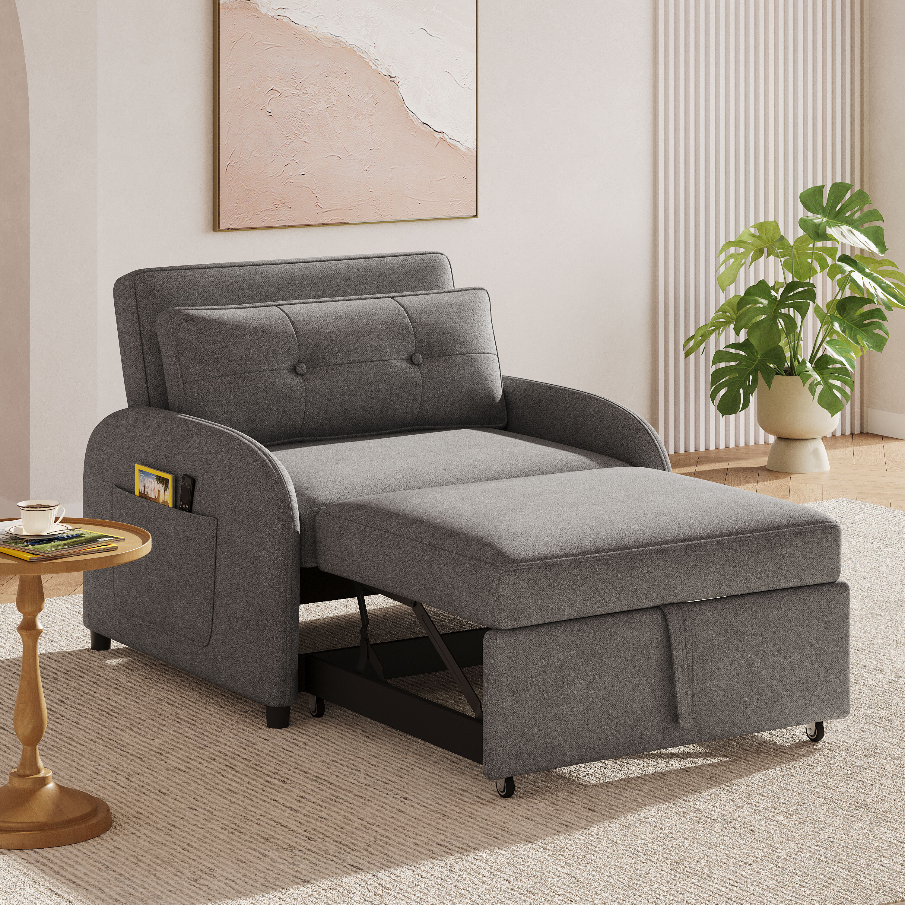 Christopher Knight Home Verona Modern 40.55 Inch 3 In 1 Convertible Sleeper Sofa Bed Loveseat Chair with Pillow Pocket Metal Frame and Pull Out Design Gray