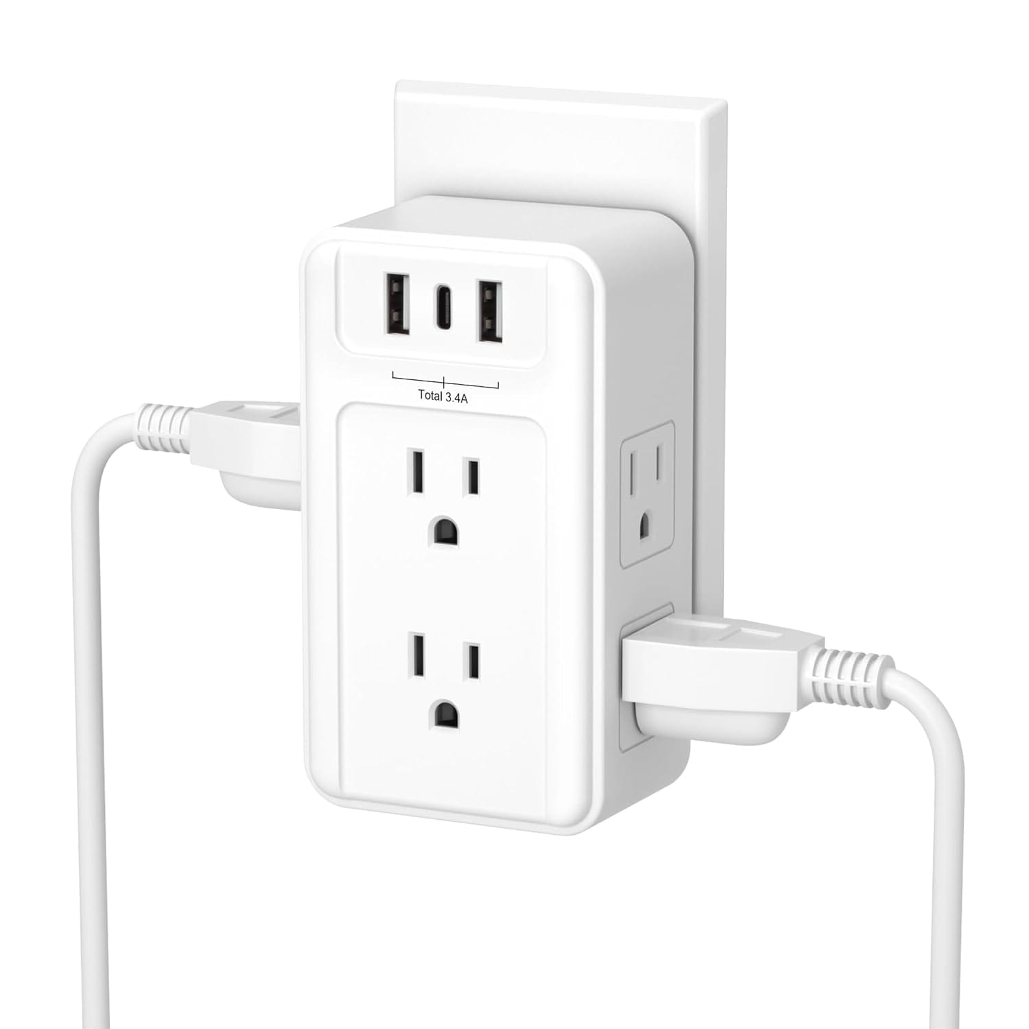 BN-LINK  Multi Plug Outlet 6 Wall Outlets with 3 USB Ports 1 USB-C 3.4A Total 3-Sided Splitter for Home and Office