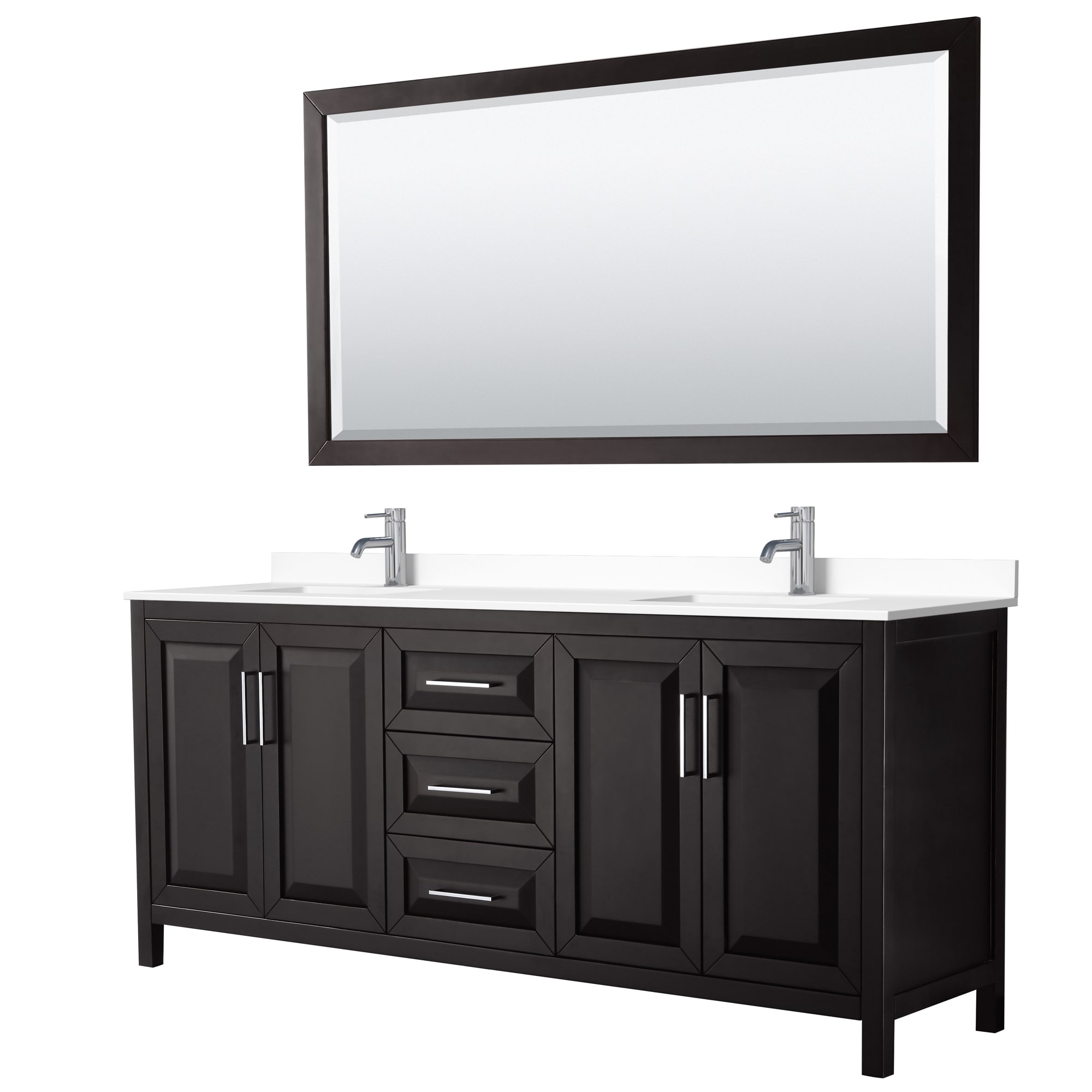 Wyndham Collection WCV252580DDEWCUNSM70 Daria 80-in Dark Espresso with Polished Chrome Trim Undermount Double sink Bathroom Vanity with White Cultured Marble Cultured marble Top (Mirror Included)