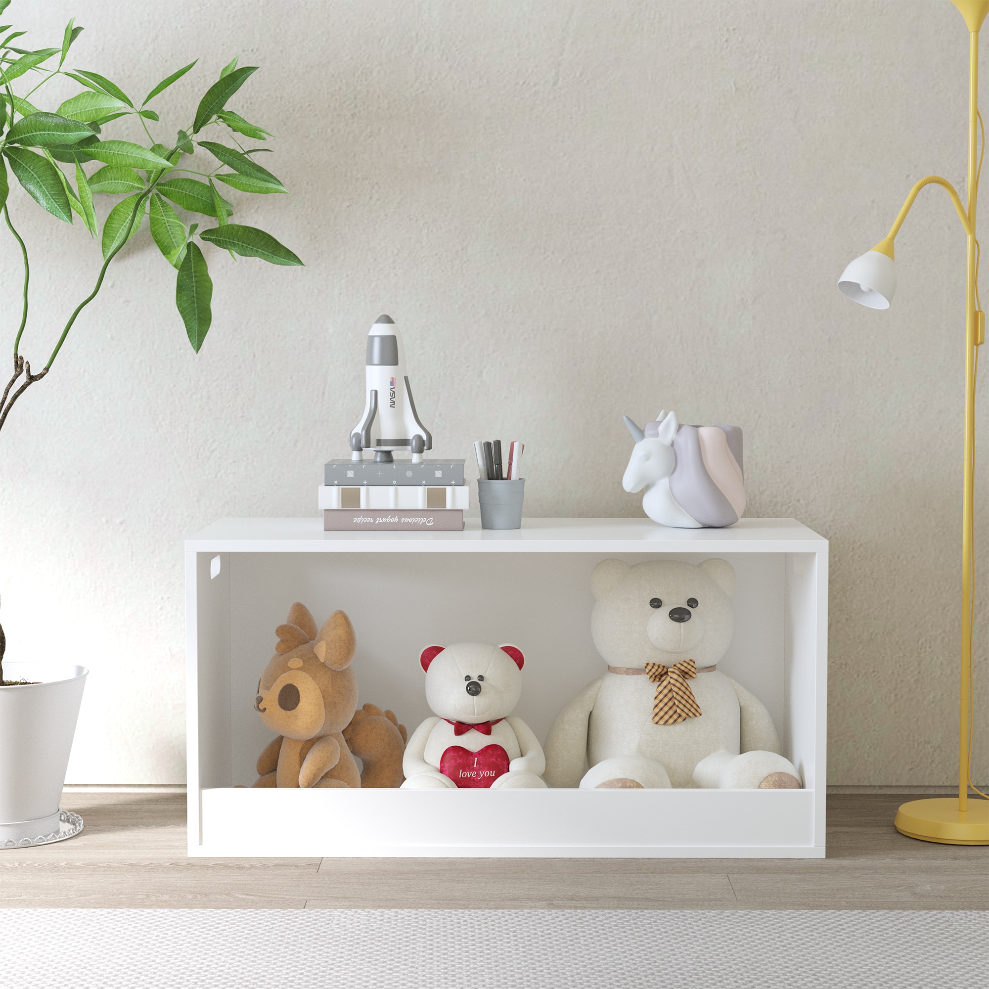OIAHOMY Open Toy Storage Box for Kids White Wooden Organizer Bin for Plush Toys Books Nursery or Playroom Use