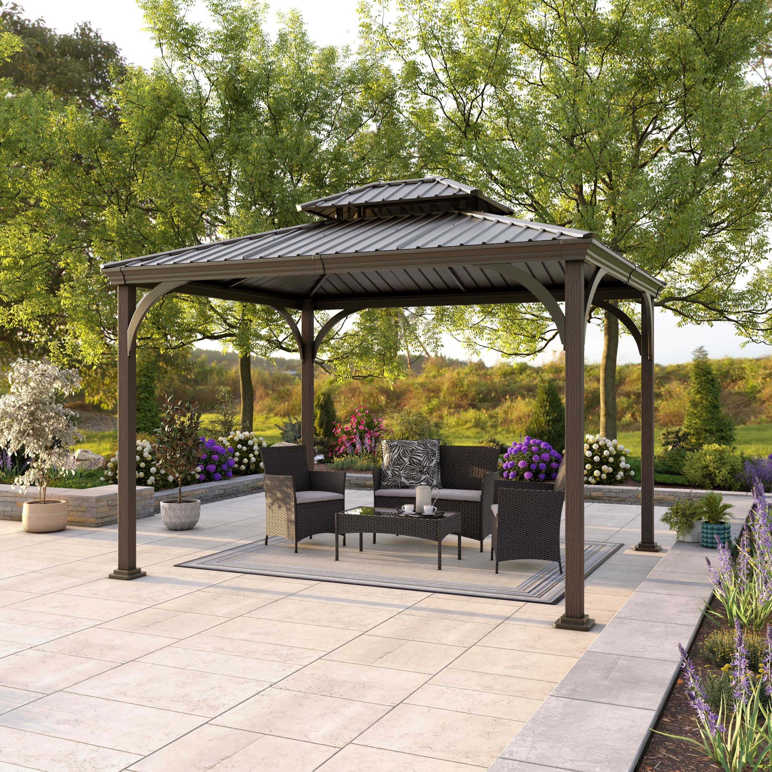 allen + roth 12-ft x 10-ft Gazebo Rectangle Black Metal Steel Roof Semi ...