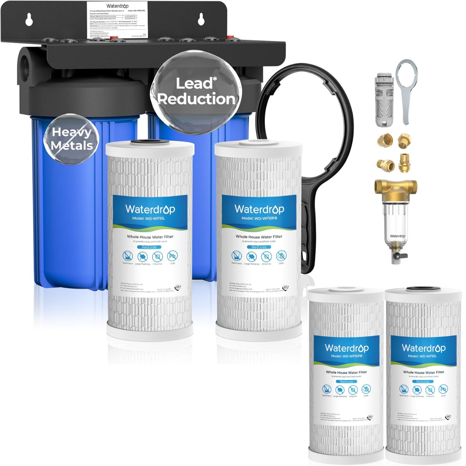 Waterdrop WHF21-PBL Sediment and Carbon Filter with RPFK Whole House Water Filtration System Dual-Stage 15-GPM 0.01 Micron