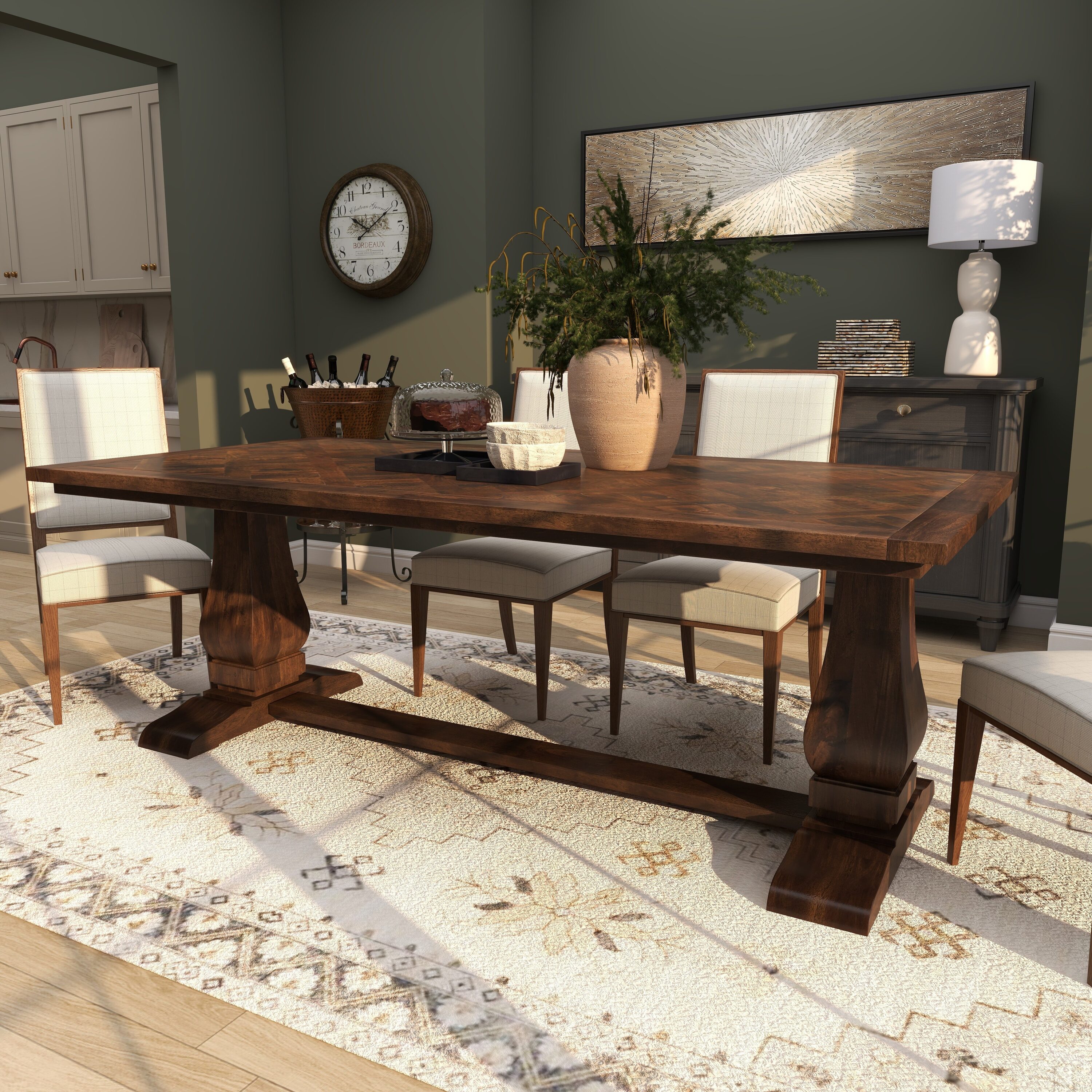 Grayson Lane 62943 Brown Rustic Dining Table, Wood with Brown with Parquet Inlay Wood Trestle Base 84-in L x 30-in H