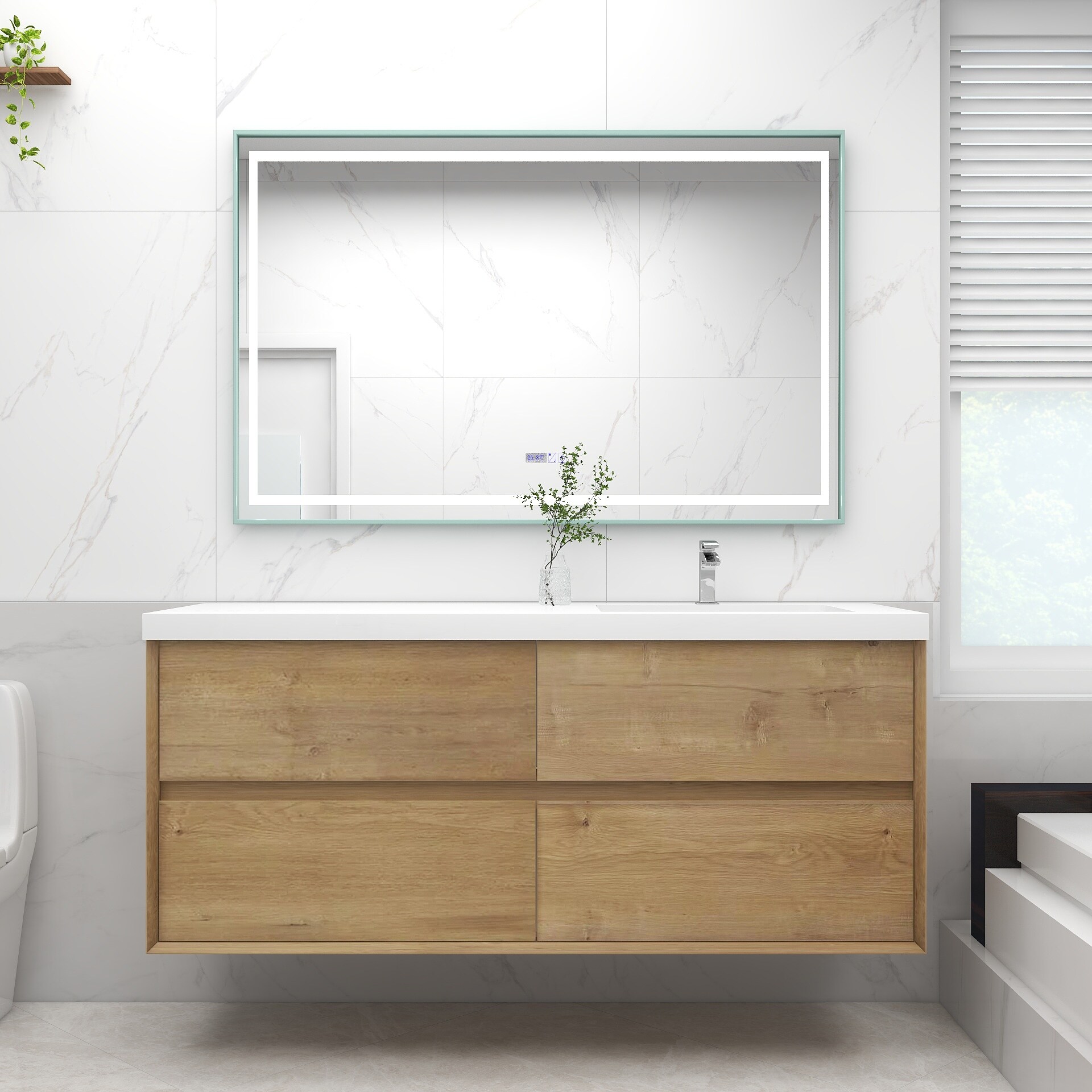 BV Better Vanity SLIM60SR-OAK Kingdee 60-in Teak Oak Single Sink Floating Bathroom Vanity with White / Right Side Sink Acrylic Top