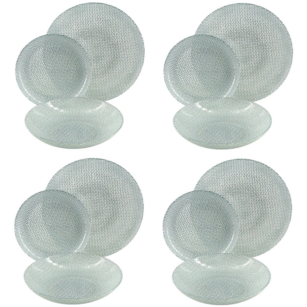 Slickblue Set of 12 Gold/Silver Gilded Glass Dinnerware Set with Pebble Patterned 4 Dinner 4 Salad and 4 Soup Plates for Dining or Table Serving