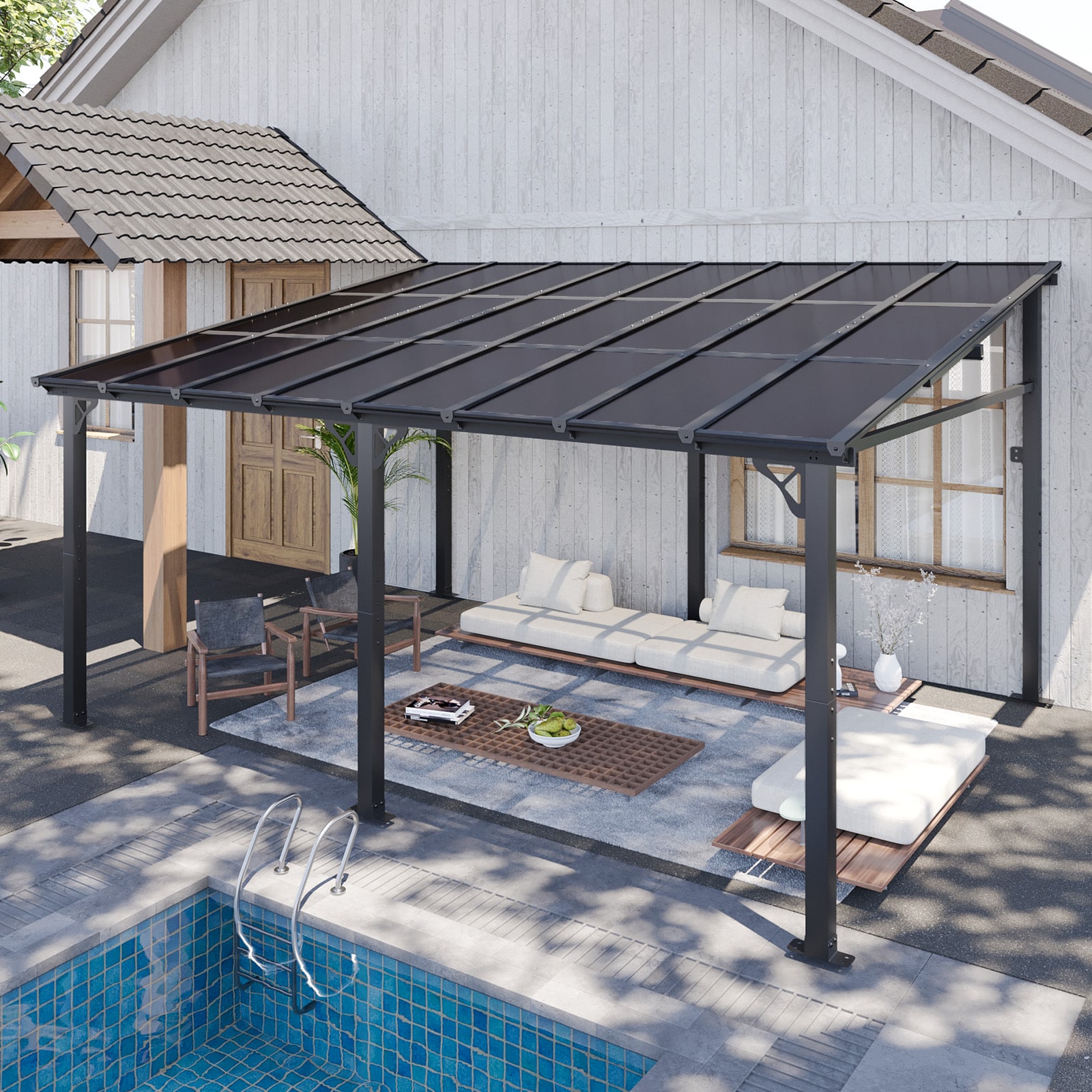 AOXUN Pergola 16-ft W x 12-ft L x 8-ft 1-in H Gray Metal Freestanding ...