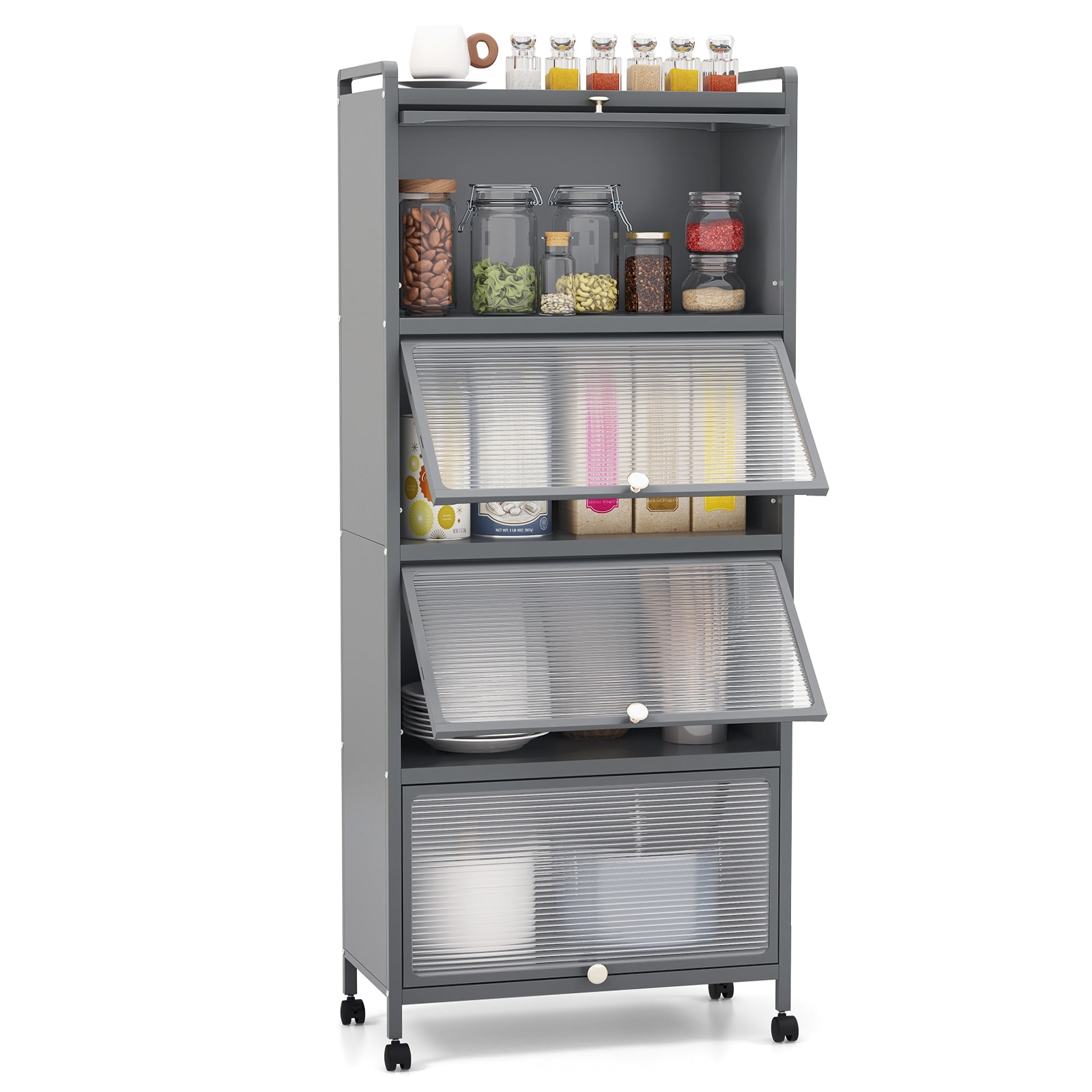 Slickblue D-CO-RG02655CK Rolling 5-Tier Bakers Rack with Flip Doors - Black/White/Gray Metal PC Anti-Tipping Kits and Smooth Casters for Kitchen Pantry or Office Storage