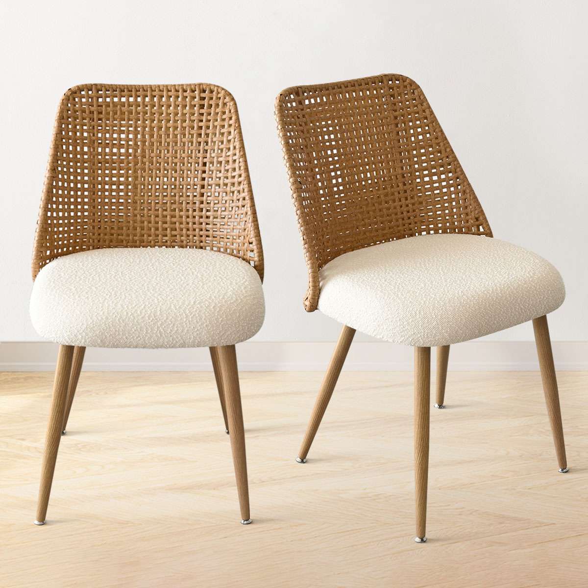 Maison Boucle MILAN-CHAIR-OAK-WH Set of 2 Rattan Dining Chairs with Upholstered Seat and Woven Back for Kitchen or Dining Room