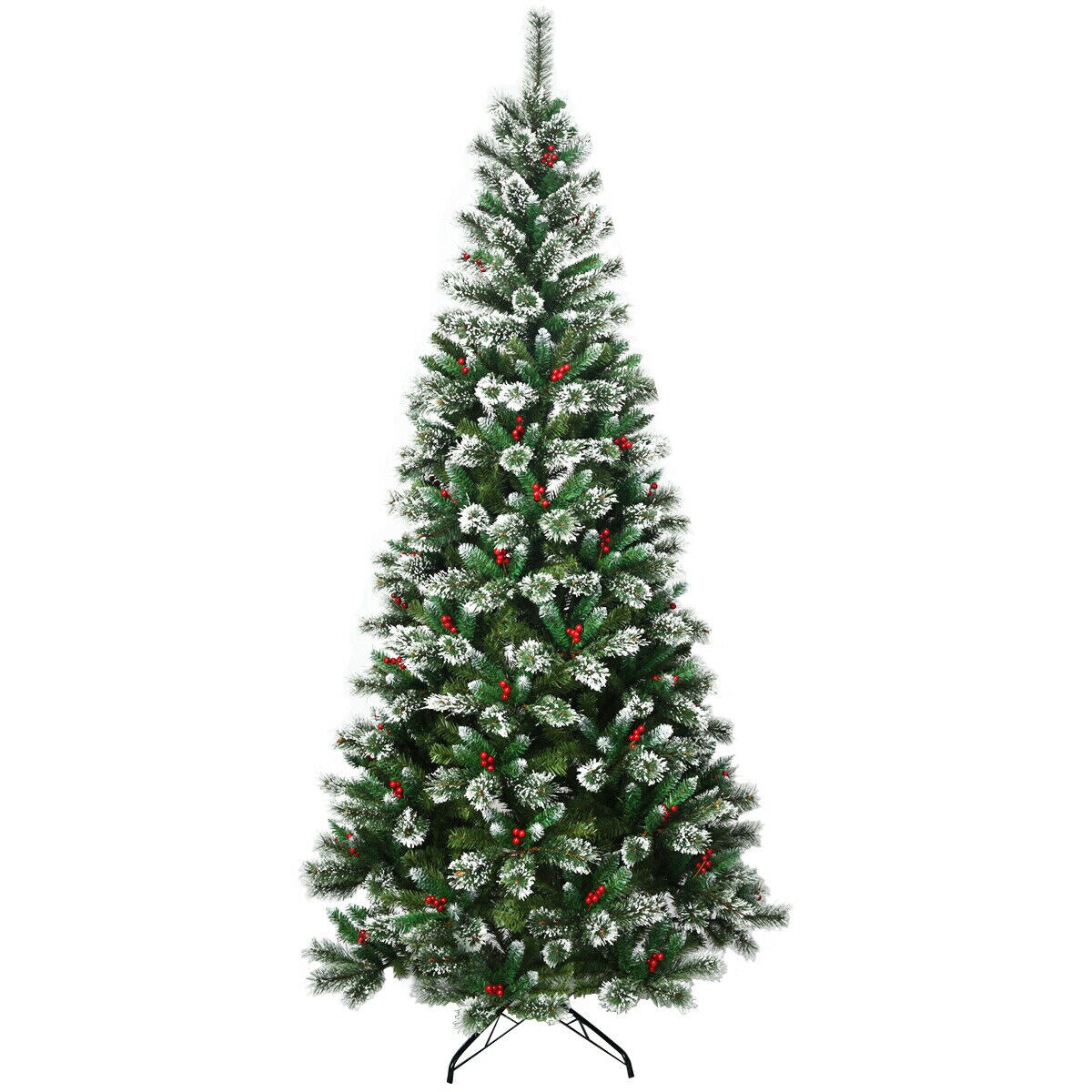 Angeles Home 8 ft. Green Unlit Hinged PVC Artificial Christmas Pine Tree with Red Berries