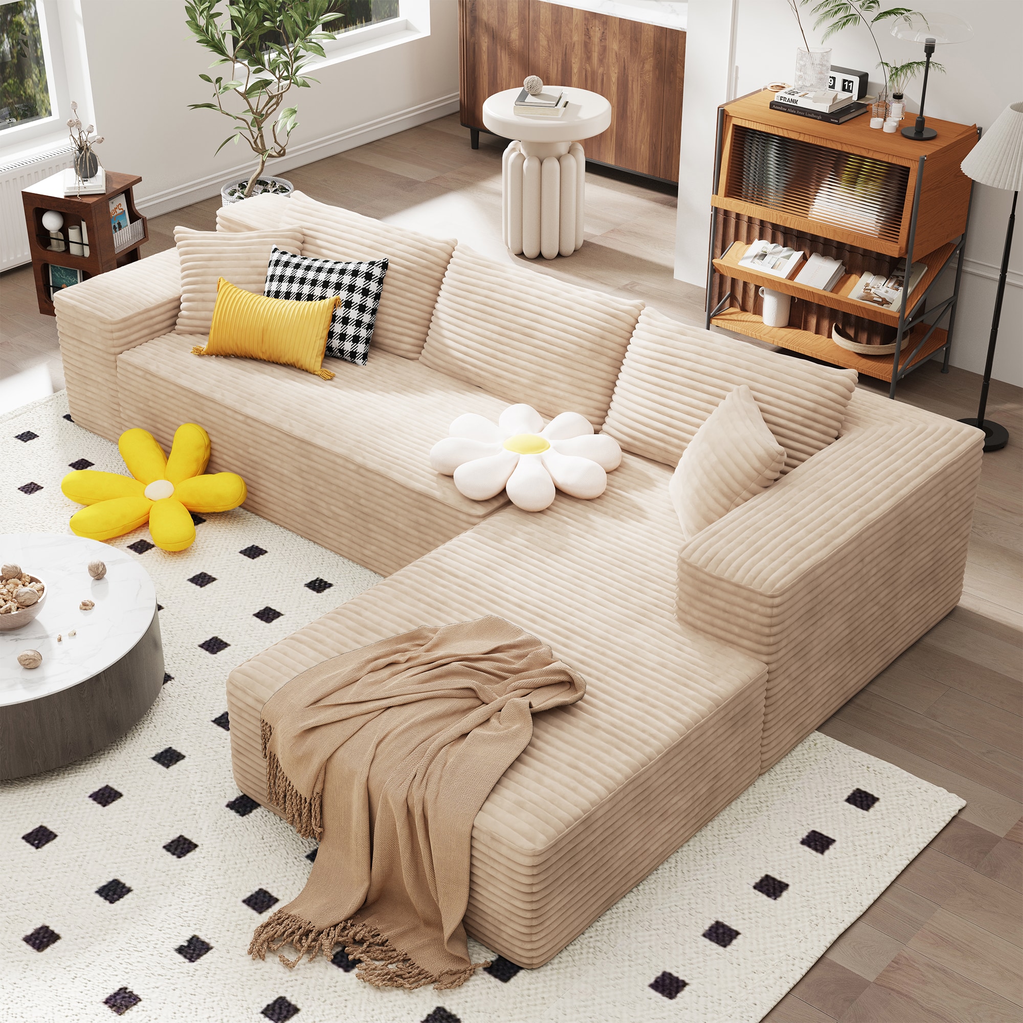 Pouuin SVI24R 104.3-in Modern Beige Plush Corduroy 3 -seater Sectional