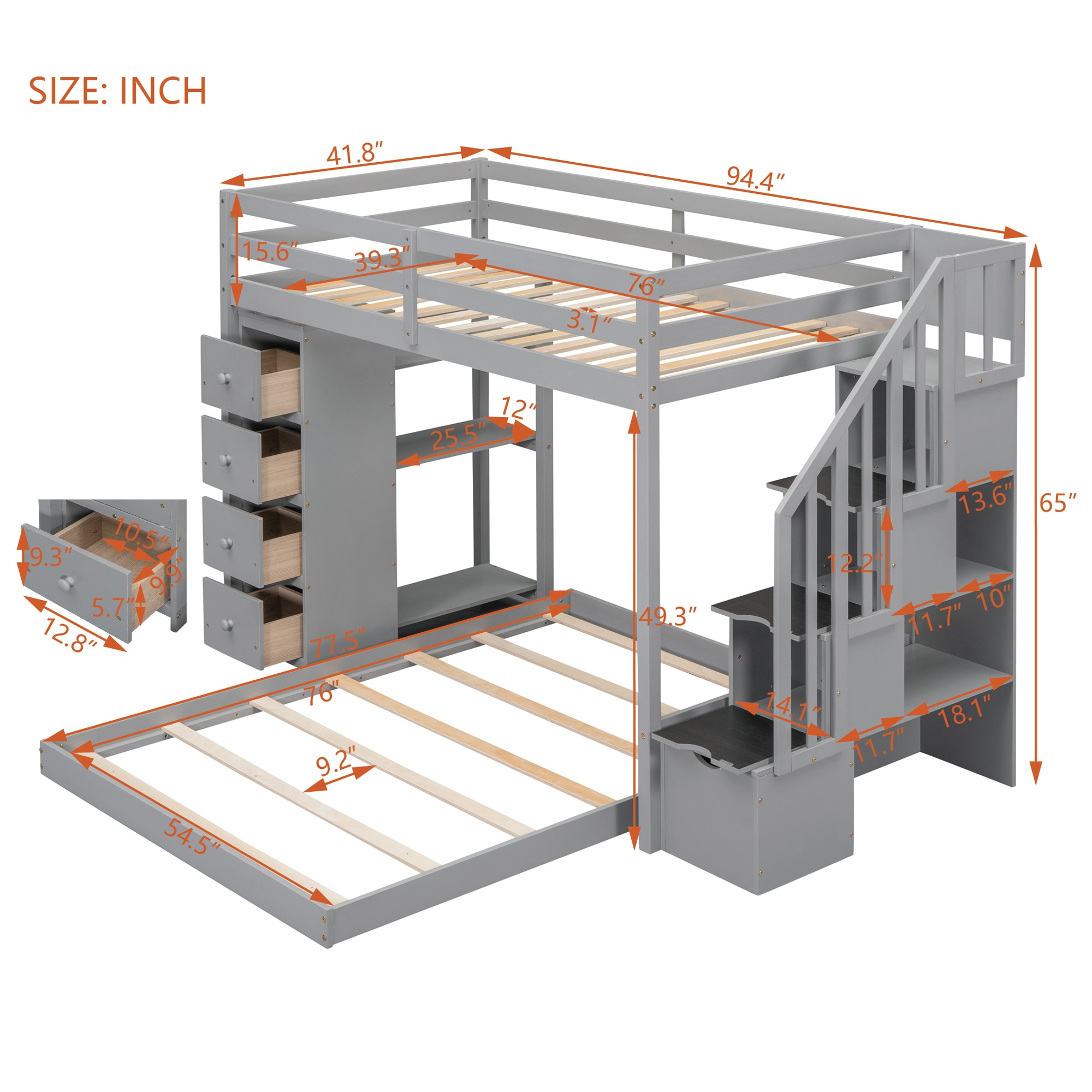 LUXEYARD Twin Over Full Bunk Bed with 3-layer Shelves Drawers and ...