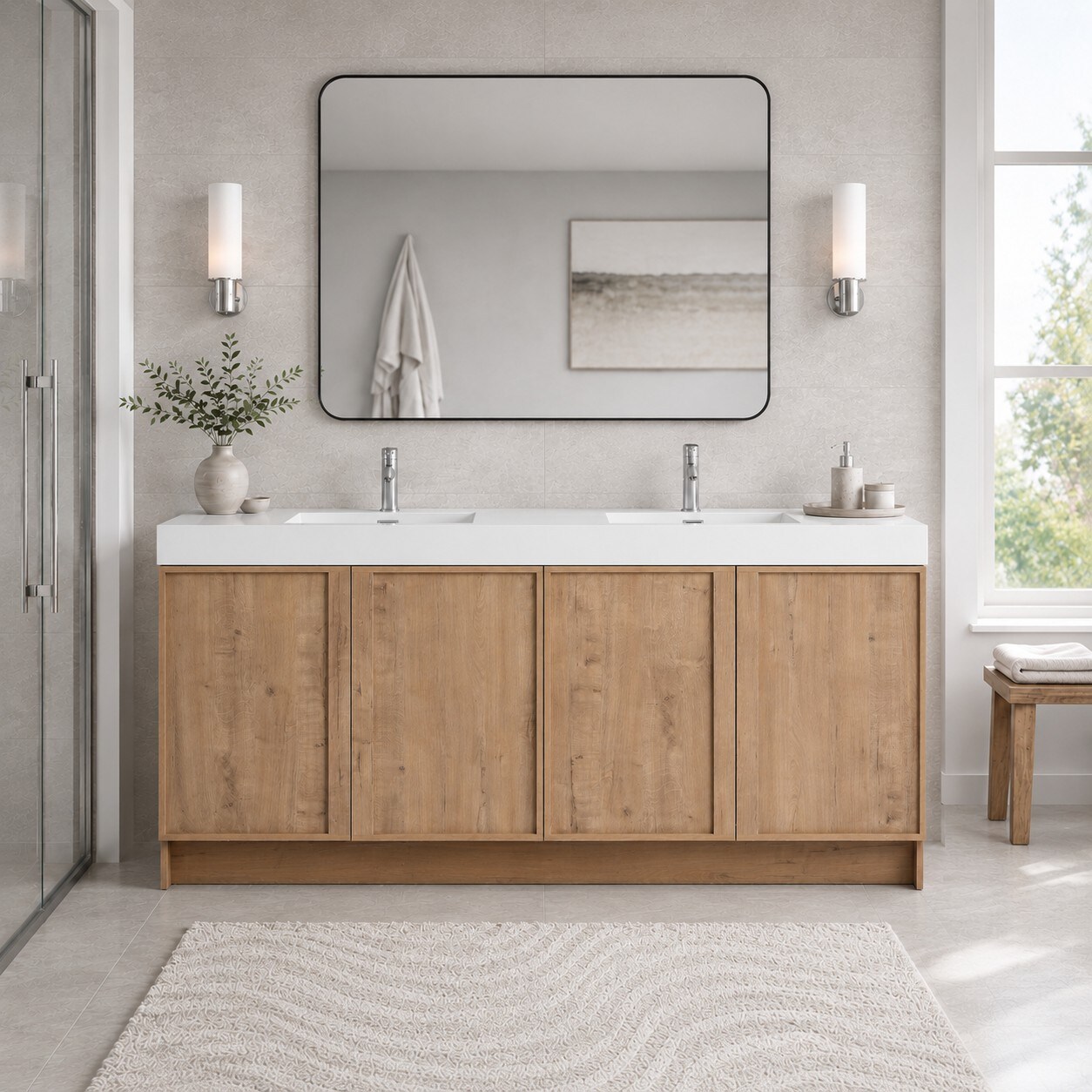 Forclover 71-in Oak Double Sink Bathroom Vanity with White Engineered Stone Top