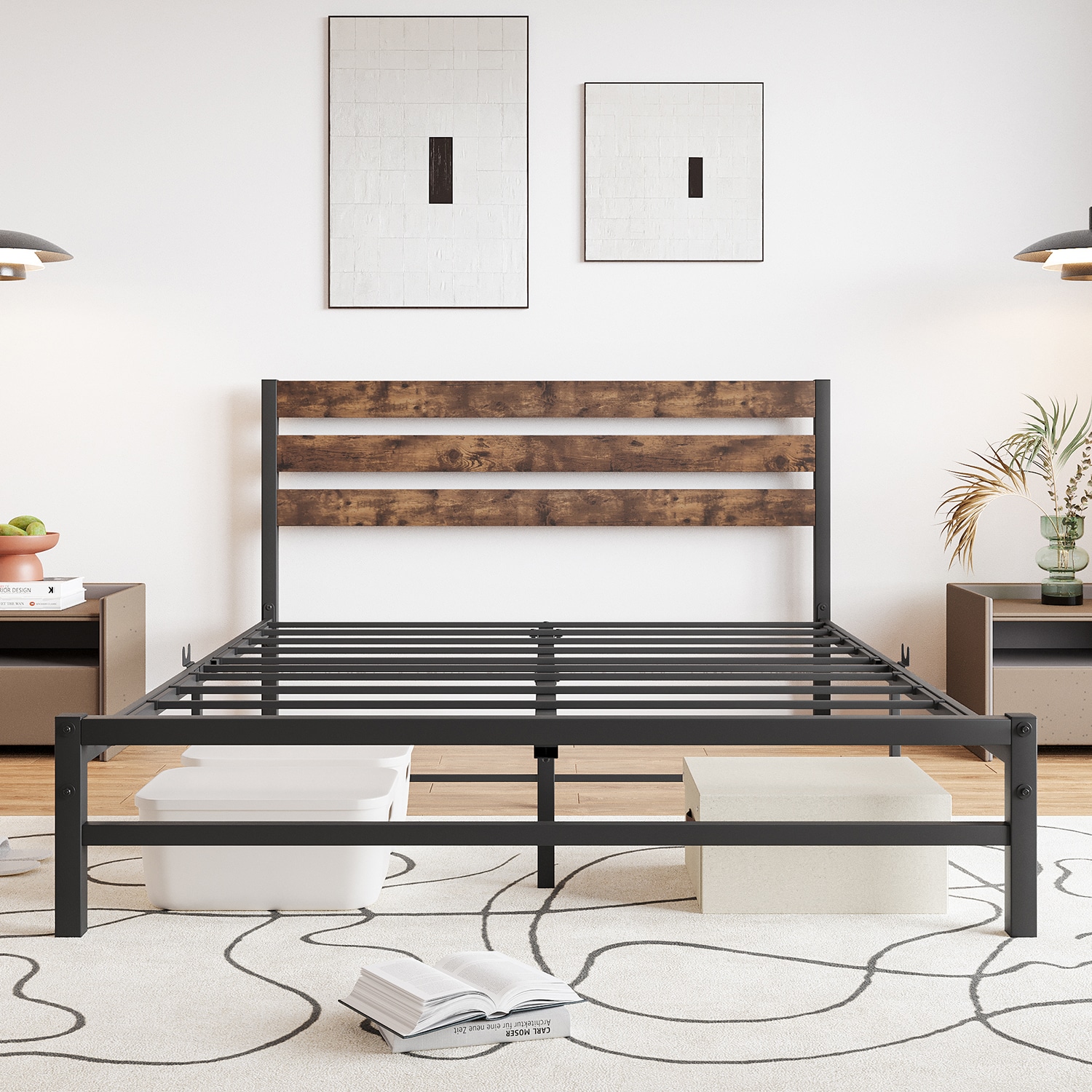 GZMR Queen Size Platform Bed Frame With Rustic Vintage Wood Headboard ...