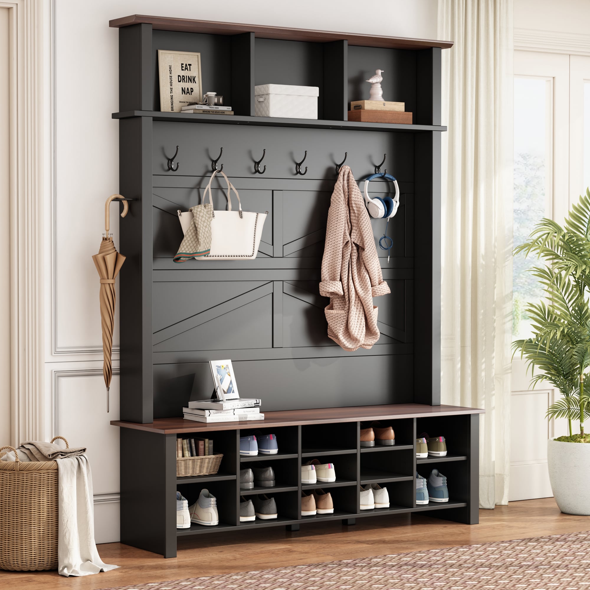 ModernLuxe N721P264915B Farmhouse 4in1 Hall Tree with 6 HooksPractical Walnut Entryway Bench with Adjustable Shelves Wooden Style Rustic Shoe Organizer with 16 Open Compartments for MudroomLiving RoomBlack