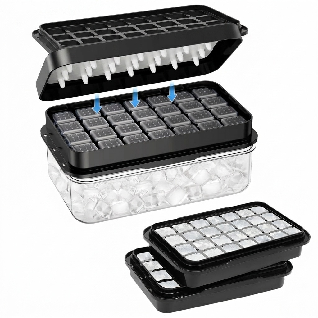 Etokfoks Black Square Ice Mold Ice Cube Tray with Lid Bin 2 Trays BPA ...