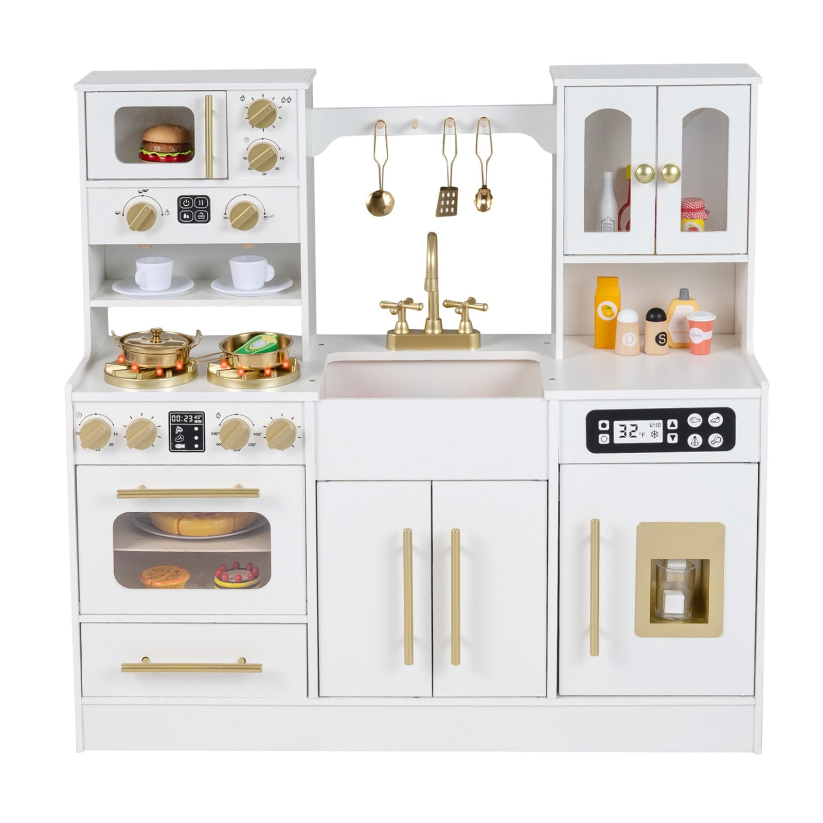 SUGIFT - Wooden Kids Kitchen Playset with Realistic Lights Sounds and Ice Maker in White
