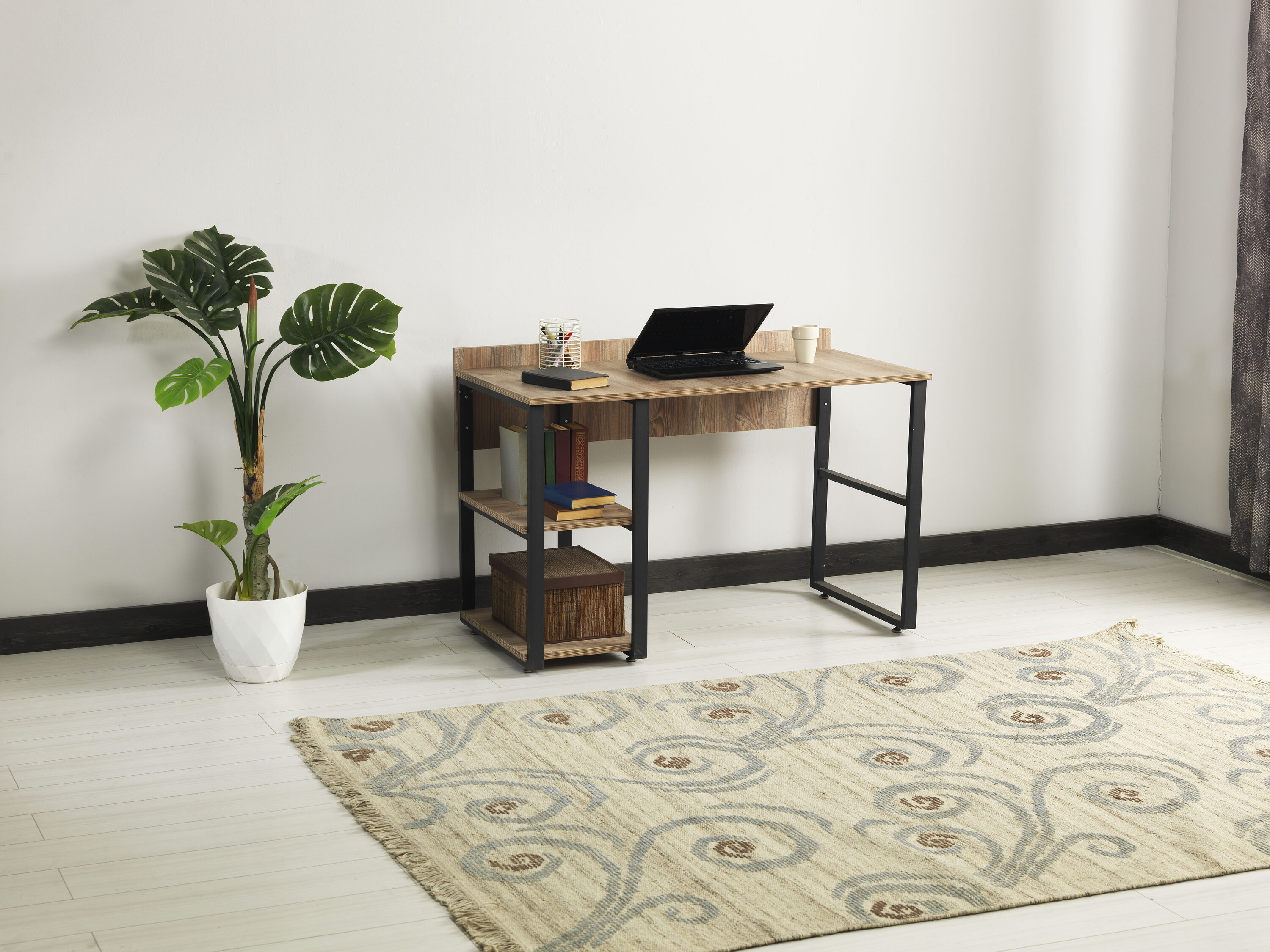 Tatayosi JL-964520 58 Inch Oak Computer Desk with Black Metal Frame and 2 Shelves