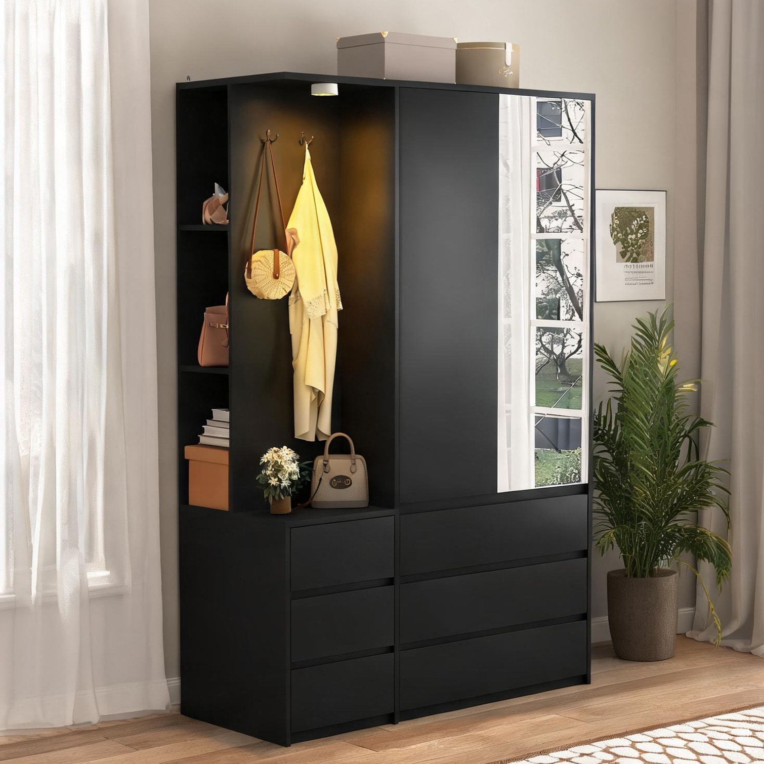 SUNCREAT 71.7-Inch Modern Combo Dresser Wardrobe with Hanging Rail and 6 Drawers Classic Black Particle Board Bedroom Storage Cabinet