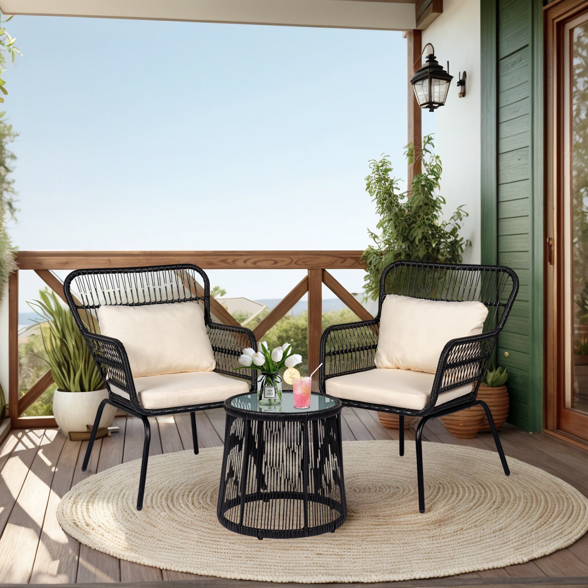 Grearden LS-NF020BLK-BG 3 -Piece Rattan Patio Conversation Set with Off-white Cushions
