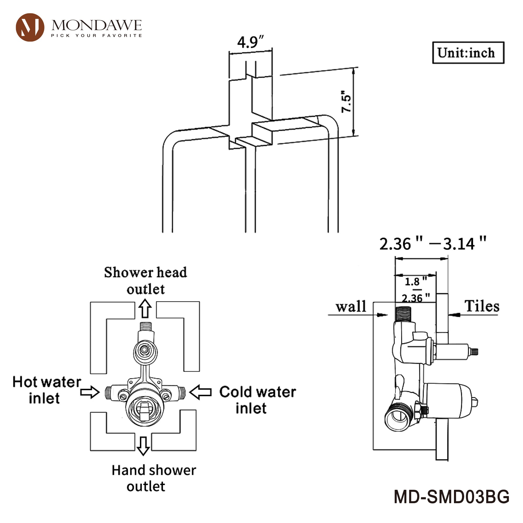 Mondawe MD-SMD03BG Showerhead-Bar-Panels - View #7