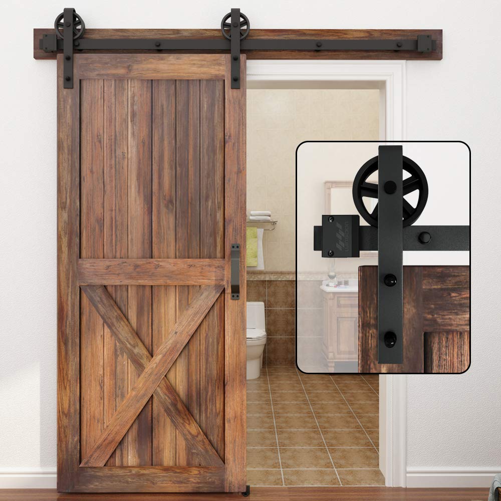 Oyezvary  5 to 16 Foot Single Wood Sliding Barn Door Hardware Kit 8 Foot Basic Black Big Spoke Wheel Roller Garage Closet Carbon Steel Flat Track