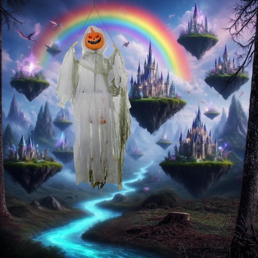 LOVMOR SF-H-T3971P382527 Outdoor Halloween Hanging Pumpkin Ghost w/ Light Up Eyes Sound Activated Prop w/ Creepy Howling Sounds