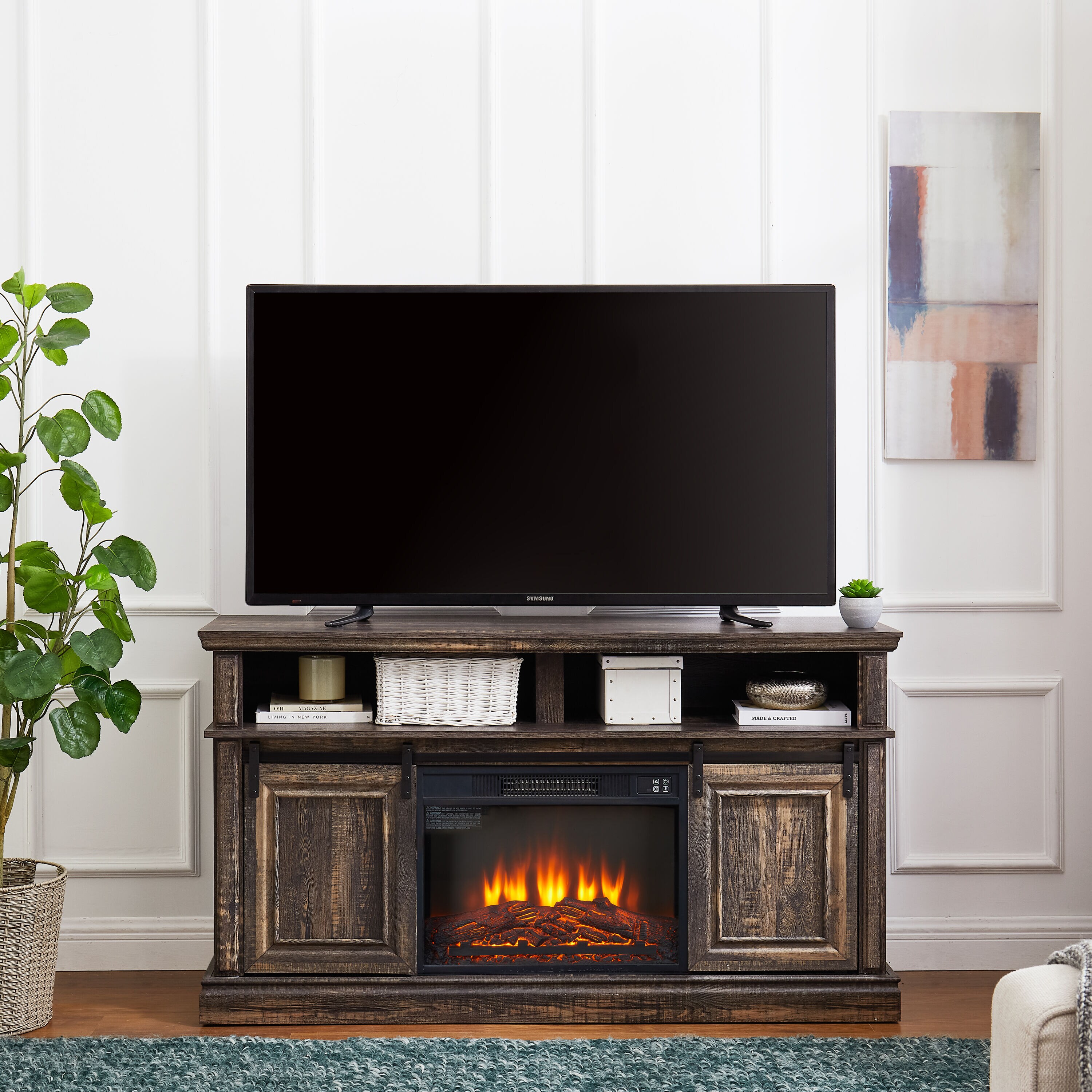 LOVMOR SF-L-W2275S00014 Media Console Table with Storage Cabinet Mid Century Modern TV Console with 23 inch Fireplace Insert