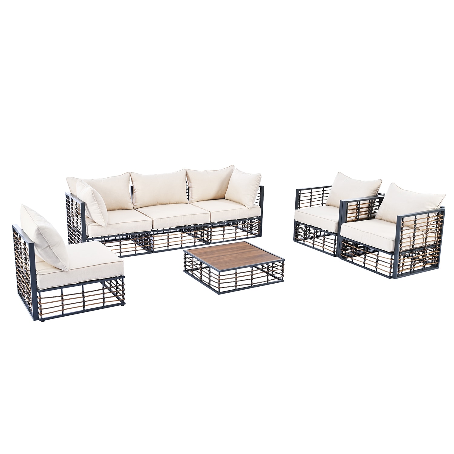 SINOFURN SYA020106BN 7-Piece Woven Patio Conversation Set with Off-white Cushions