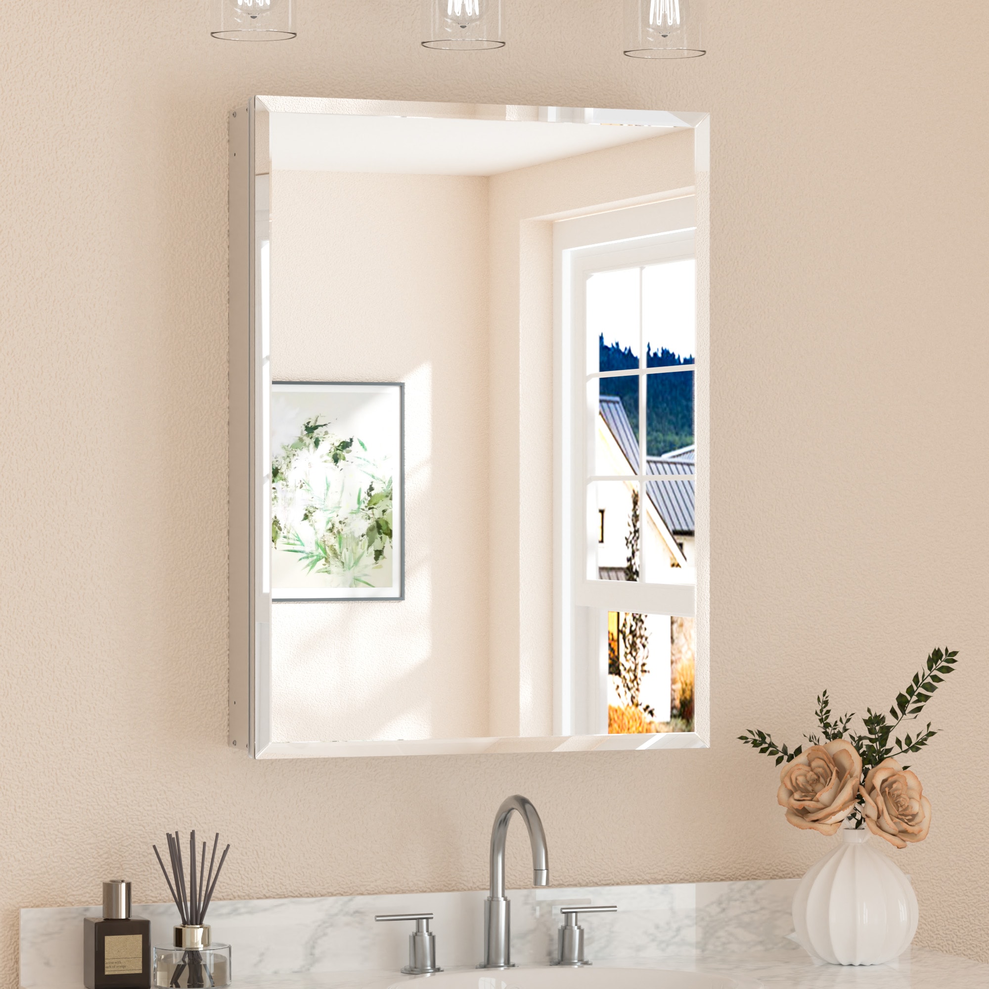 Keonjinn LW-JG-FJXP-6181-SI 24-in x 32-in Surface/Recessed Mount Sliver Mirrored Rectangle Soft Close Medicine Cabinet