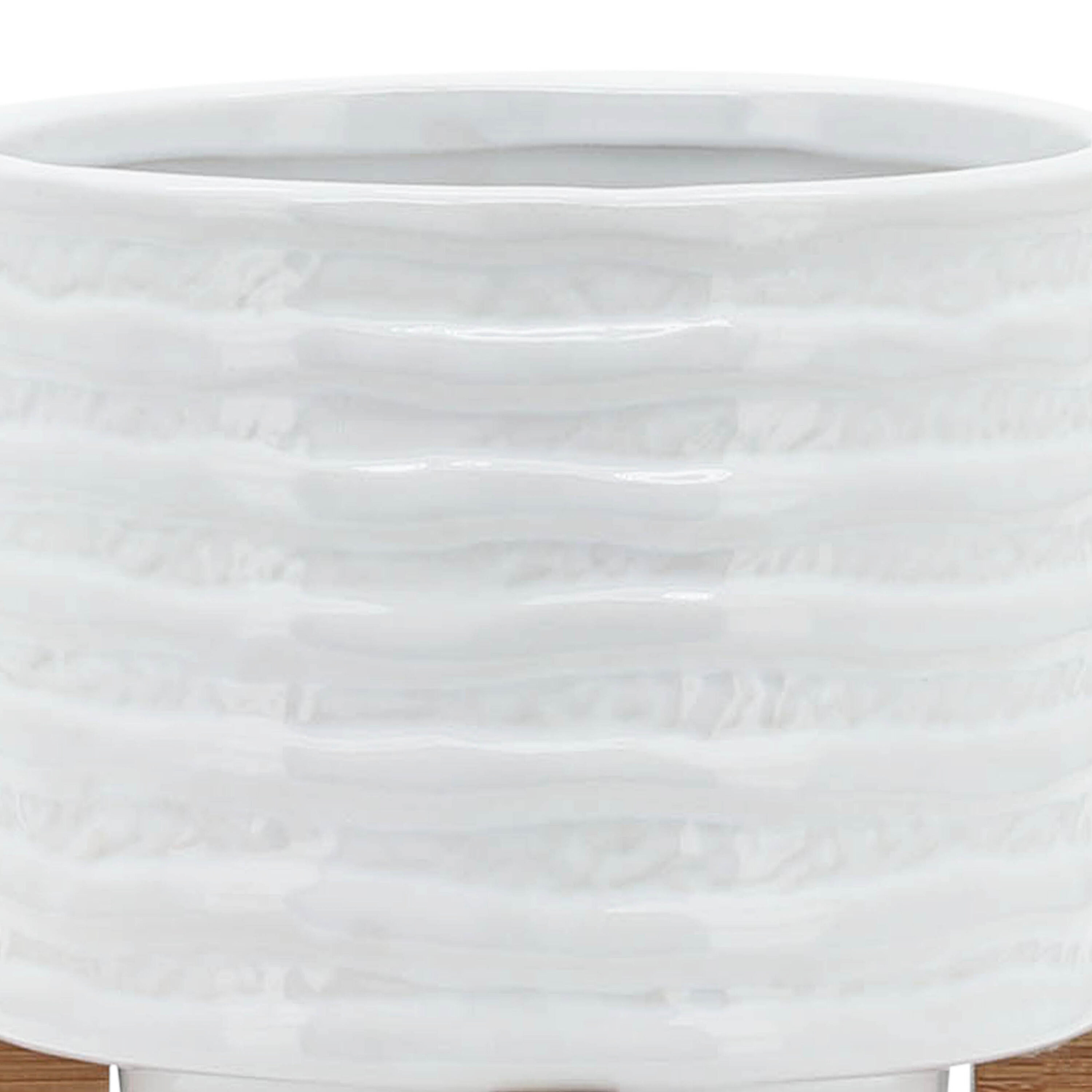 Elegant White Stripe Ceramic Planter with Wooden Stand, 6"x8"