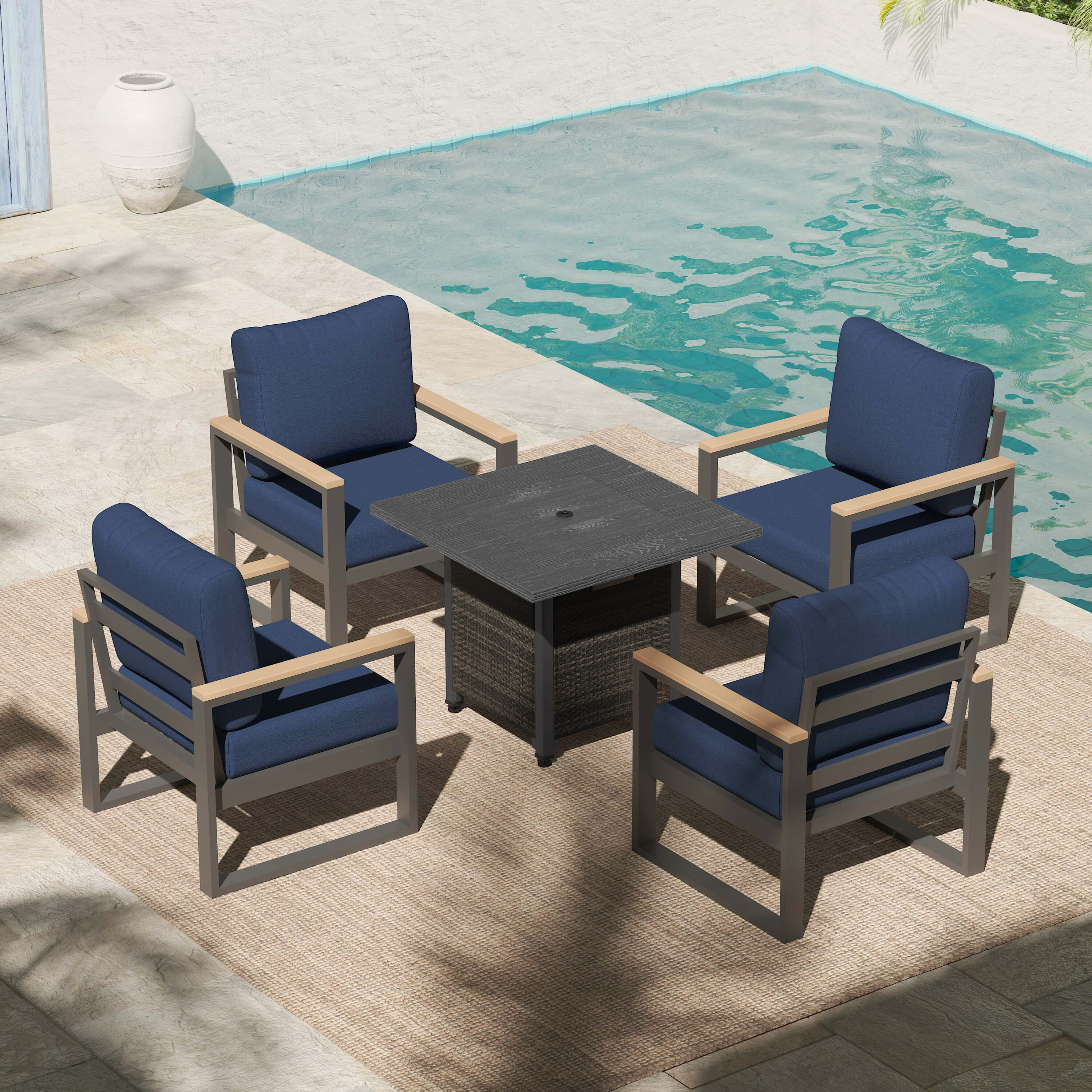 AURA OUTDOOR SAS004-BU-FP 5 -Piece Patio Conversation Set with Blue Cushions