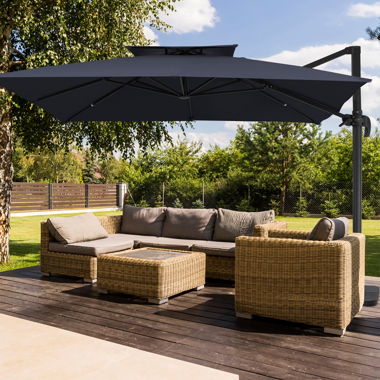 JEAREY JE-11FXBRT-NA 11-ft Aluminum Navy Crank Cantilever Patio Umbrella with Base
