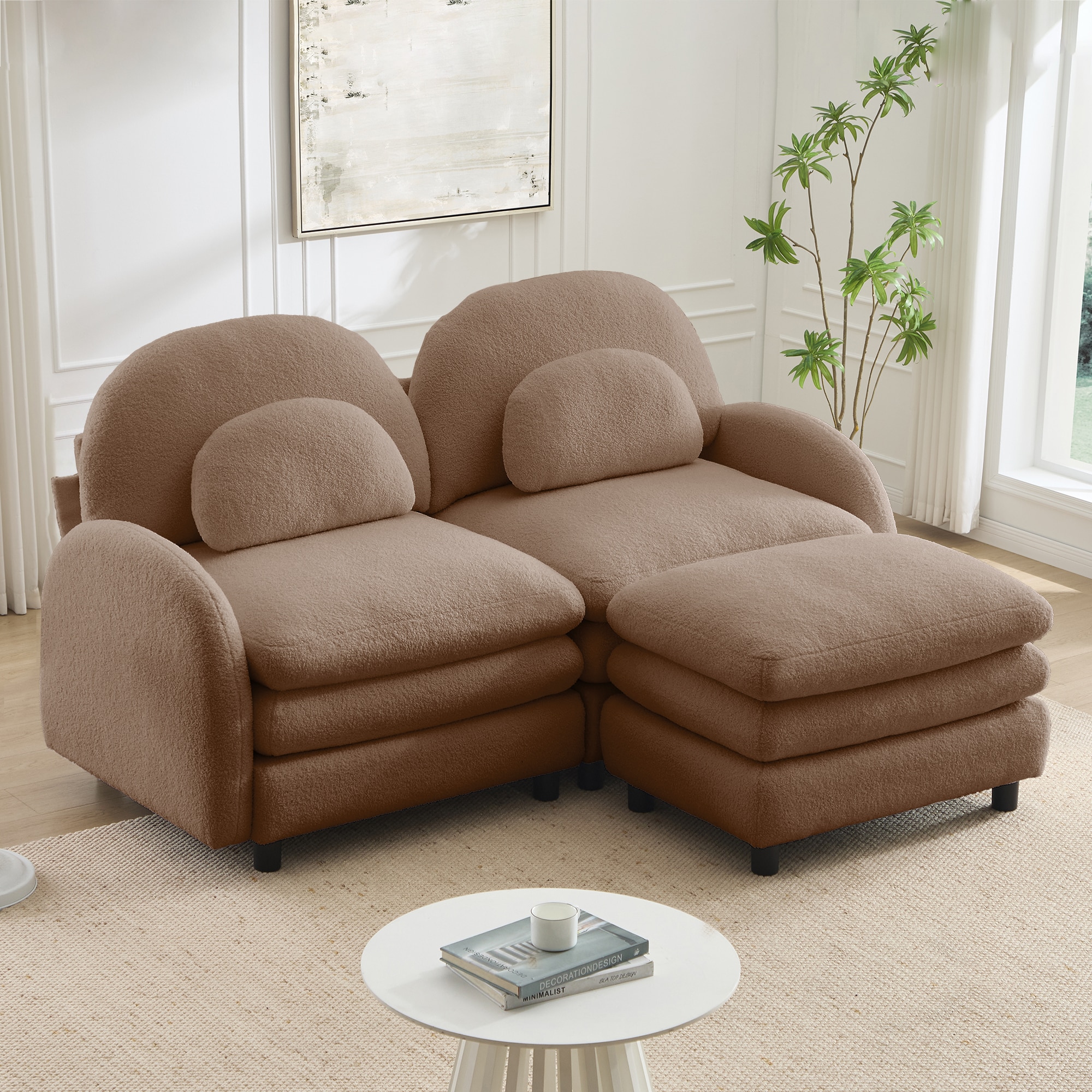 GDFStudio Teddy Fabric Soft Cloud-like Loveseat Sofa Curved Backrest and Armrest with Curved Lumbar Pillows Sectional 2 Seater Modular Couch with Movable Ottoman Double-layer Cushion Camel