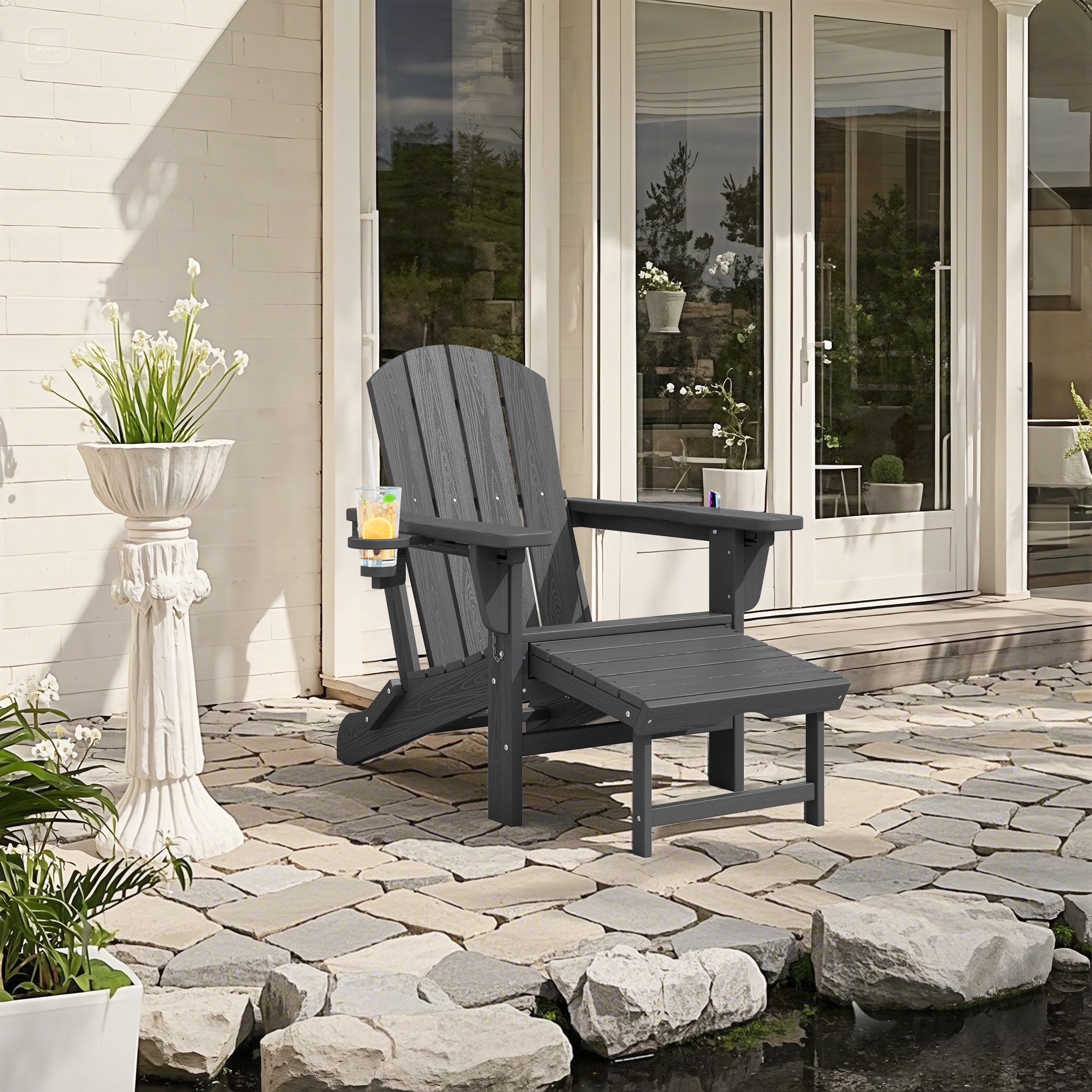 JEAREY SBTCLGJ-GY Foldable Adirondack Chair with Retractable ottoman Gray HDPE Frame Stationary Adirondack Chair with Slat Seat
