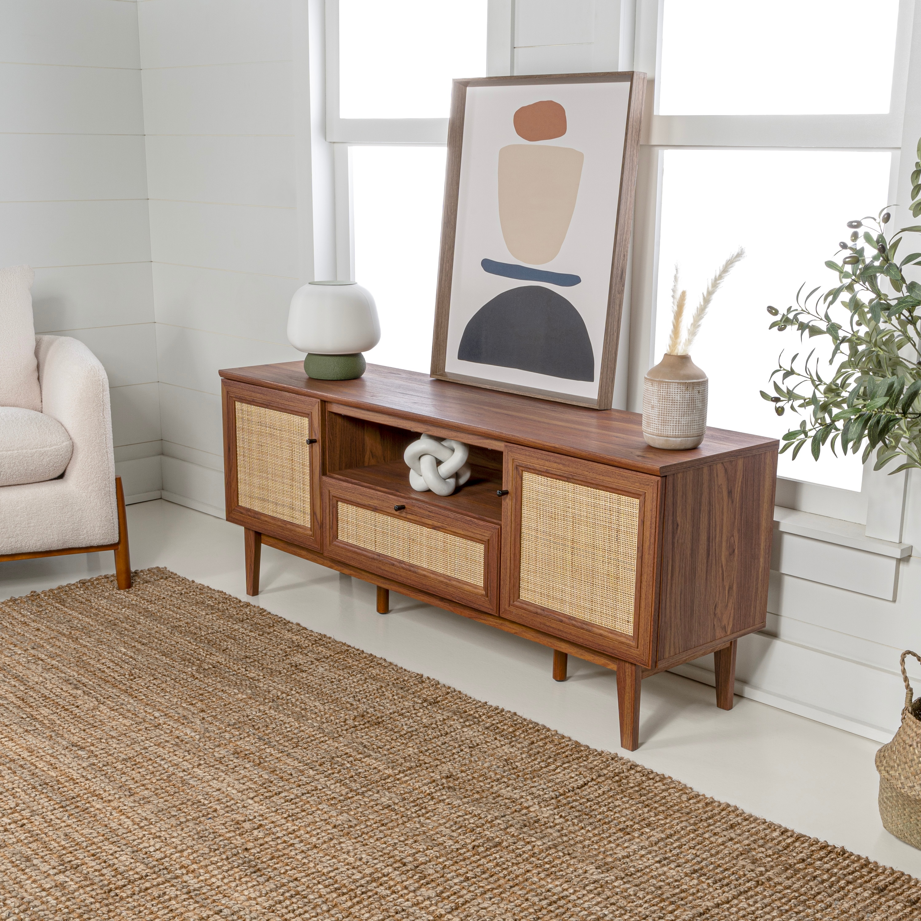 JONATHAN  Y TVS1002B Finley 59-in Caned with Drawer and Storage Doors Coastal Farmhouse/Rustic Walnut TV stand ( Accommodates TVs up to 65-in )