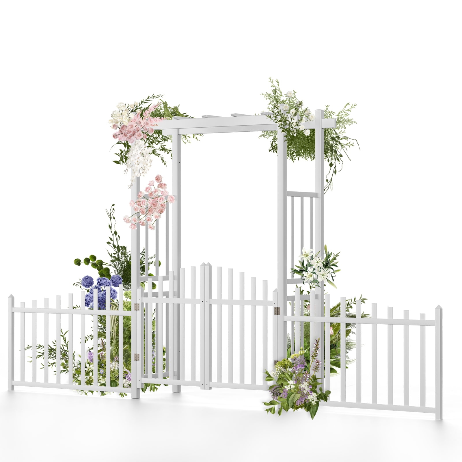 VINGLI 12FT x 7FT PVC Garden Arbor with Gate and Fence/Garden Trellis for Climbing Plants Outdoor/ Arch Backdrop Stand for Garden Backyard Lawn Wedding White