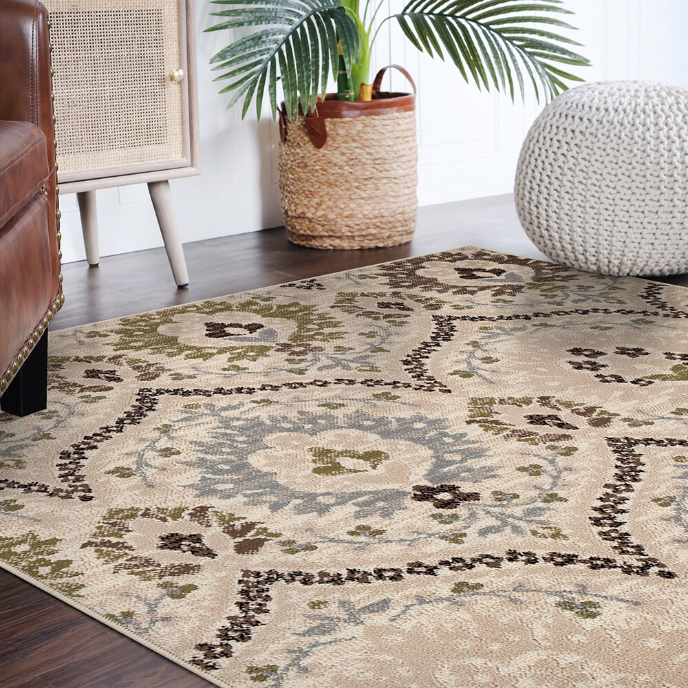Ivory and Multicolor Floral Synthetic Square Area Rug