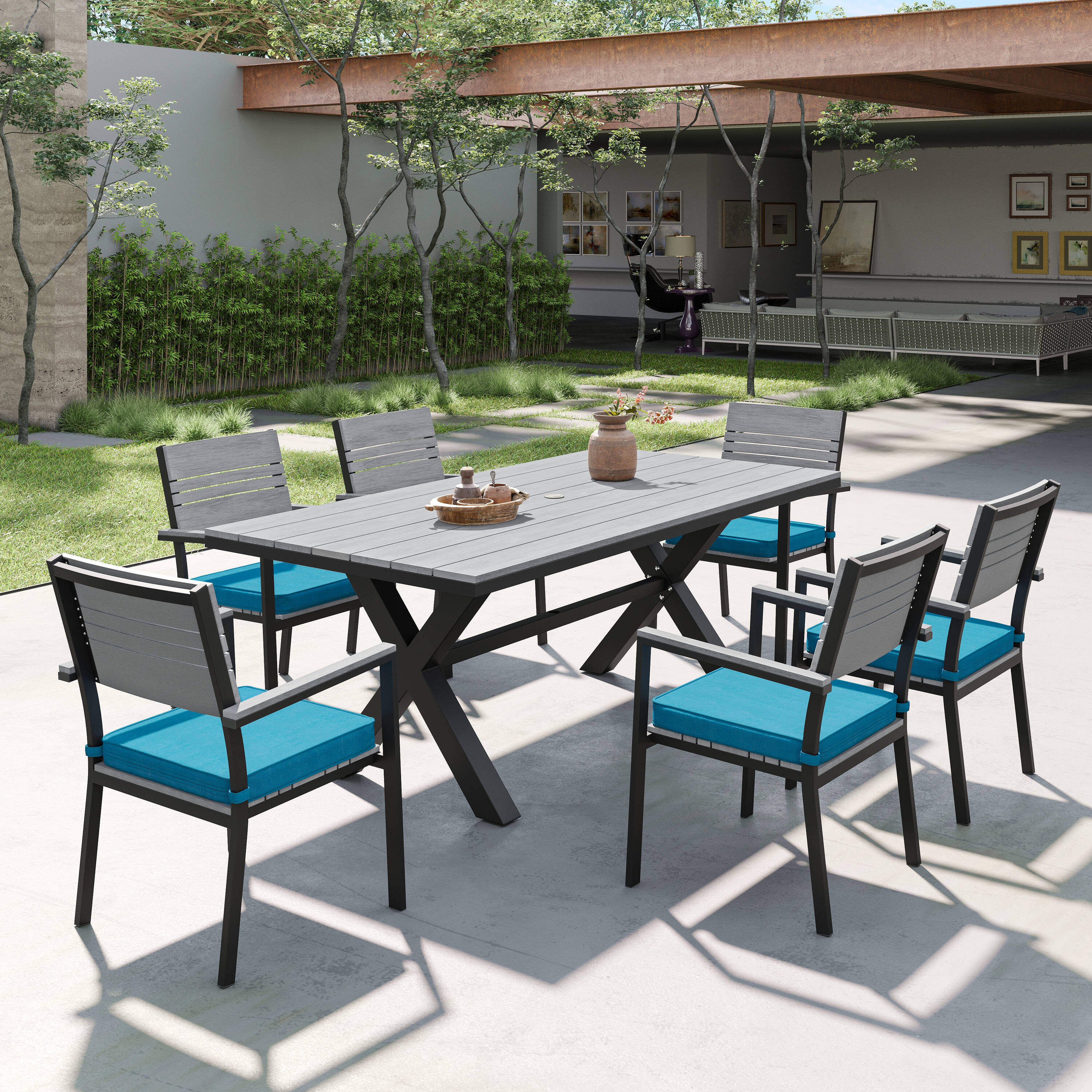 Octans SL2C00171 7 -Piece Black Patio Dining Set Plastic Rectangle Table with 6 Blue Cushions Stationary Chairs